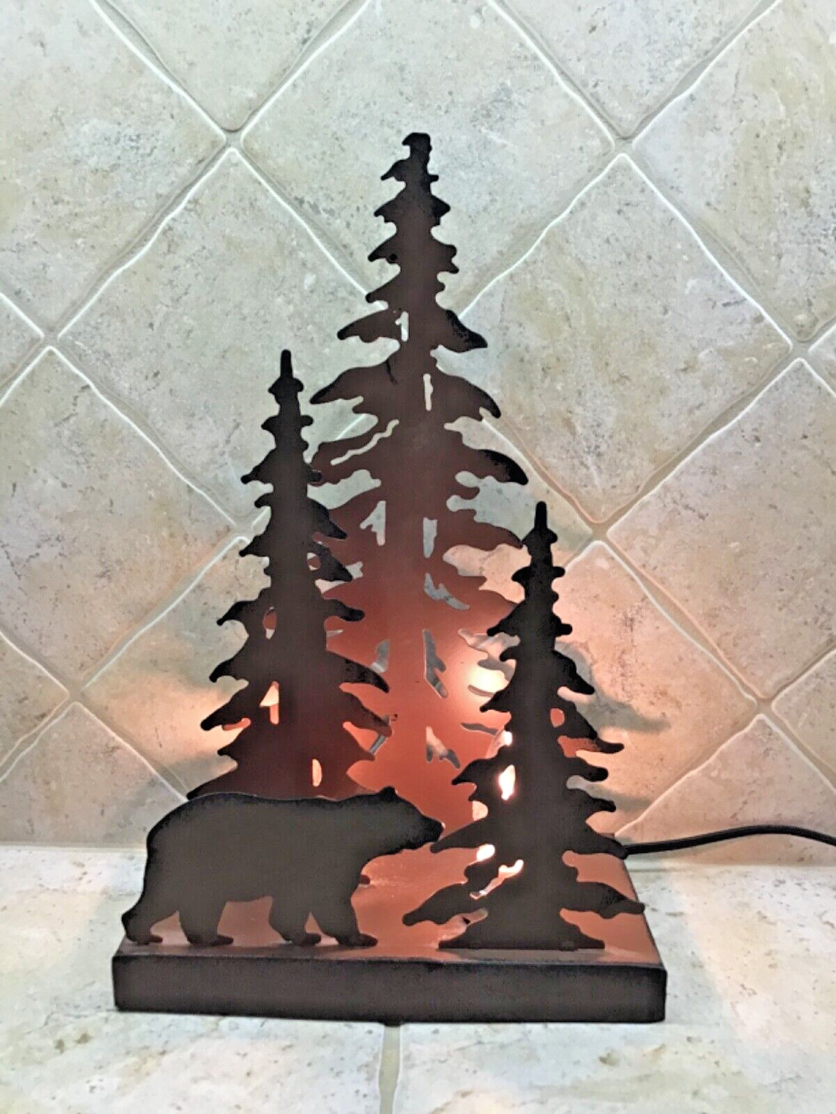 Rustic Brown Metal Bear in the Forest Table Decorative Night Light