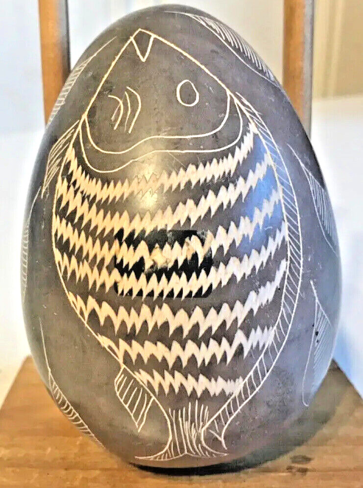 Vtg 4″ Tall Hand Carved Stone Egg Etched Fish Both Sides Poss African Unknown