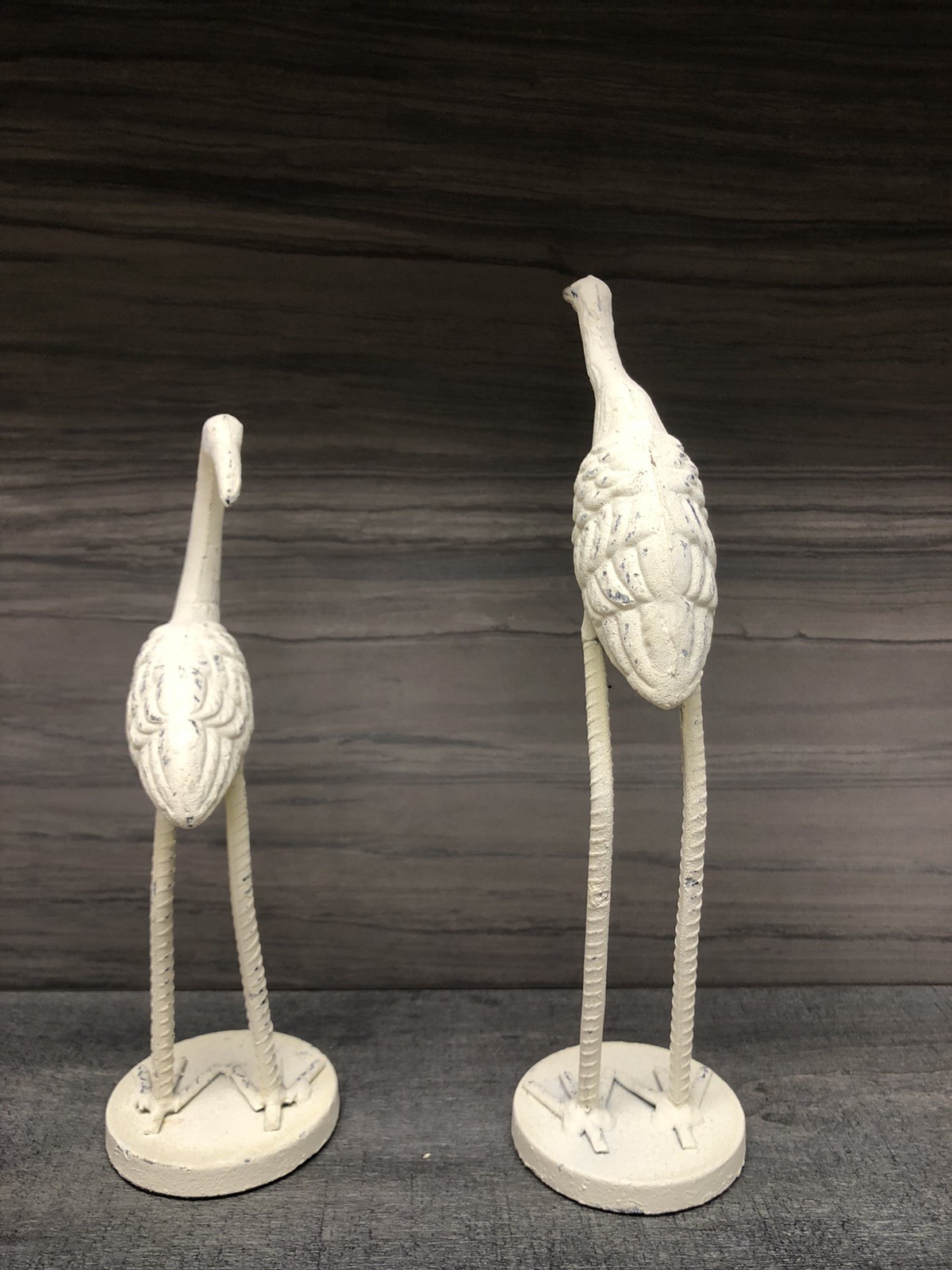 Pair Of Distressed White Metal Coastal Bird Sculptures 10” And 12” Tall
