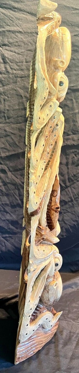 2 Octopus Fighting For A Fish Wood Sculpture/Carving, Entirely Hand Carved