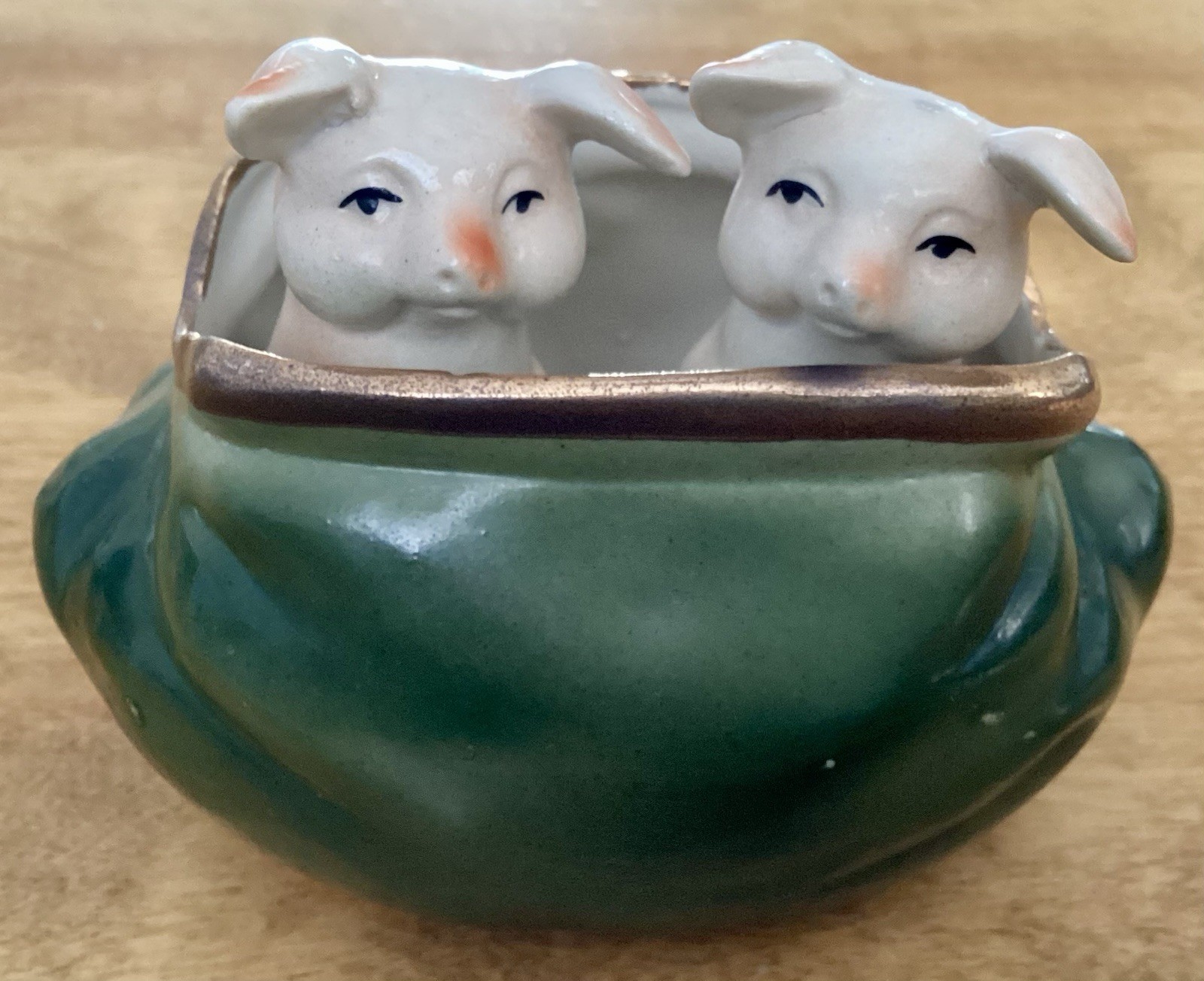 Antique Porcelain Figurine, Germany Fairing Pink Pigs in a Purse, Gold Trim