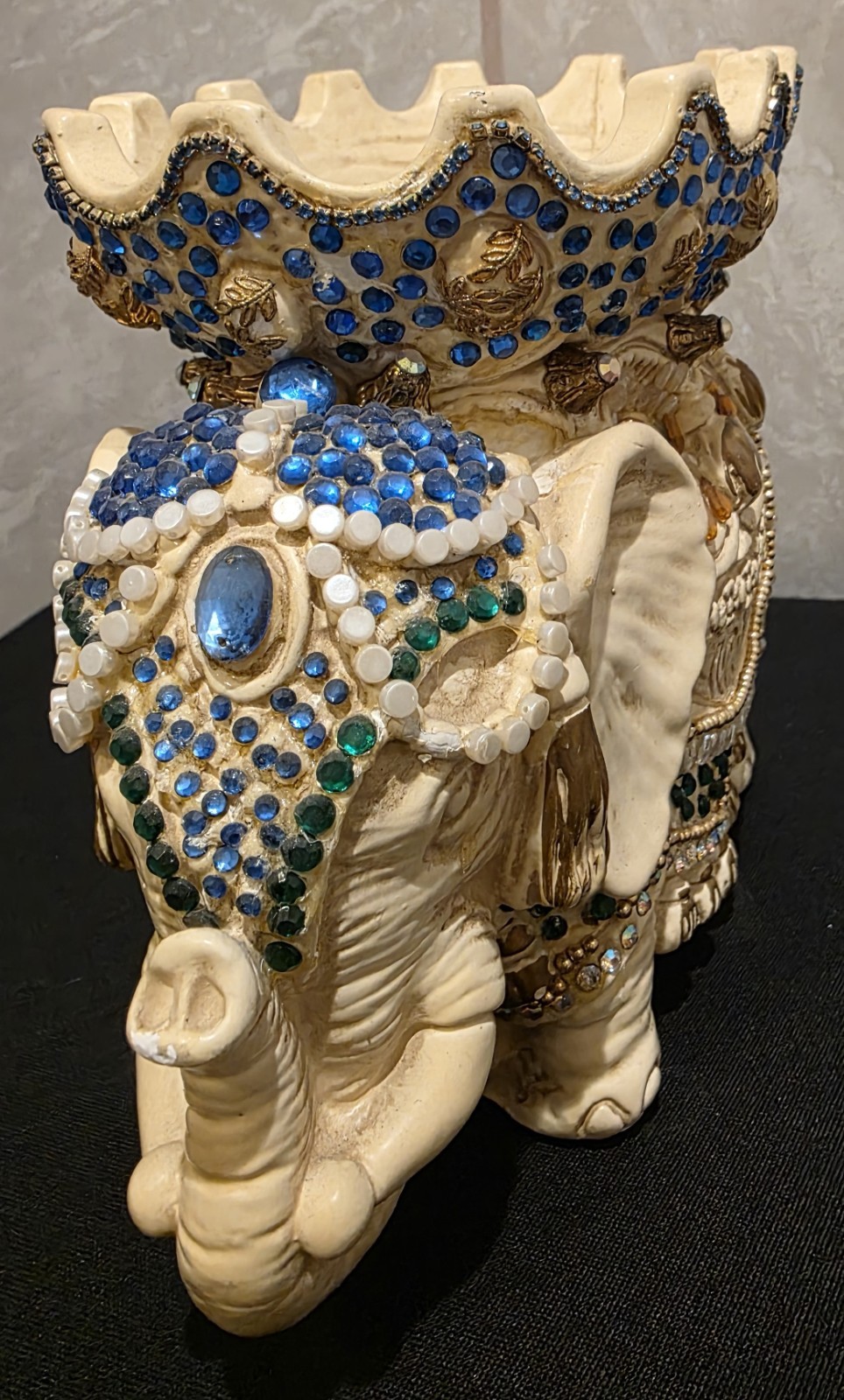 Ornate Jeweled Rhinestone Elephant Figurine Statue Gems Beaded Resin 9.5 ” Tall