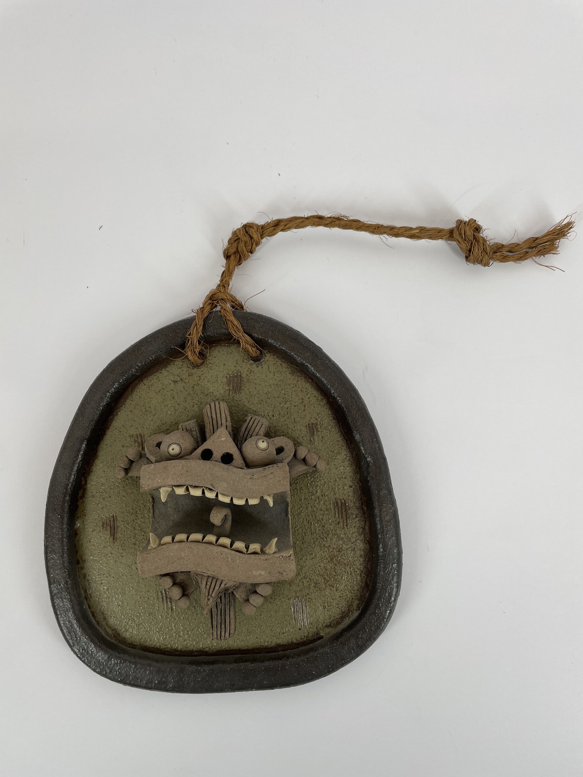 Handmade Clay Pottery Wall Hanging Art Sculpture Monster Face Figure Signed