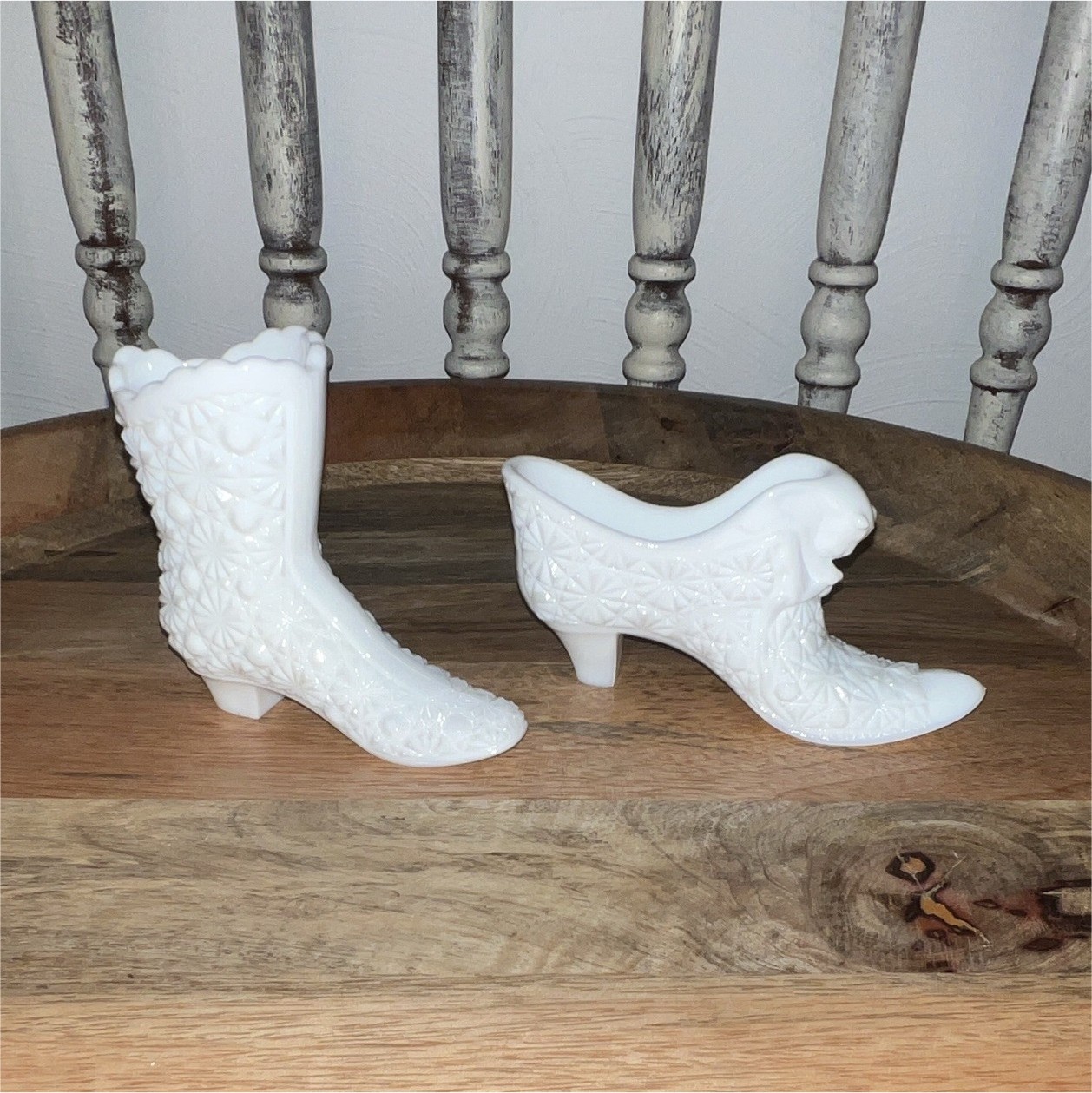 Vintage Fenton Milk Glass Button Boot & Victorian Shoe Figurines Set of 2 Daisy