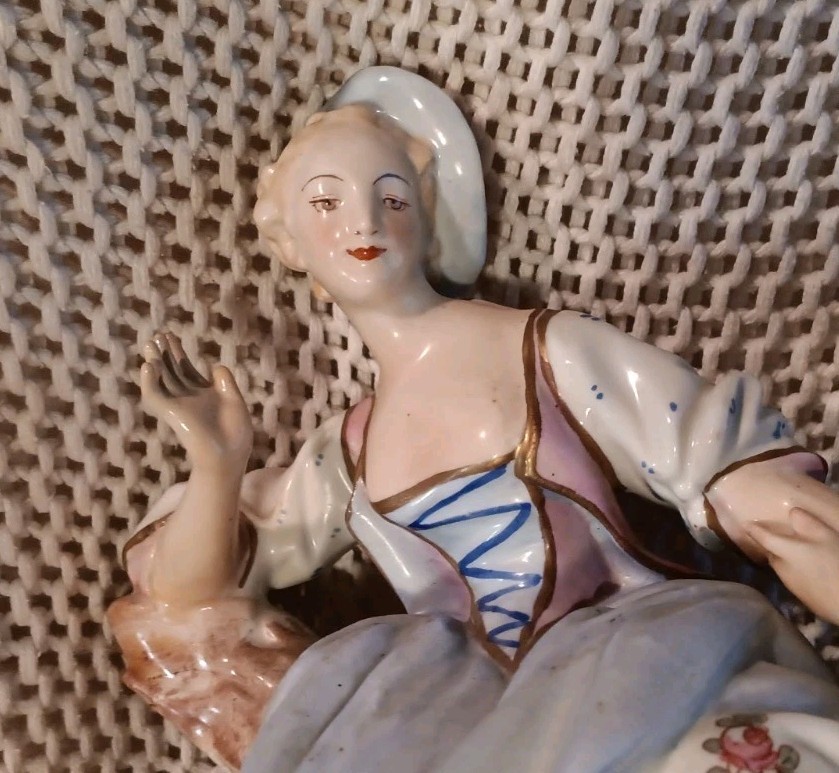 Antique Royal Crown Derby Rococo Scene Man Courting Woman Porcelain Figurine