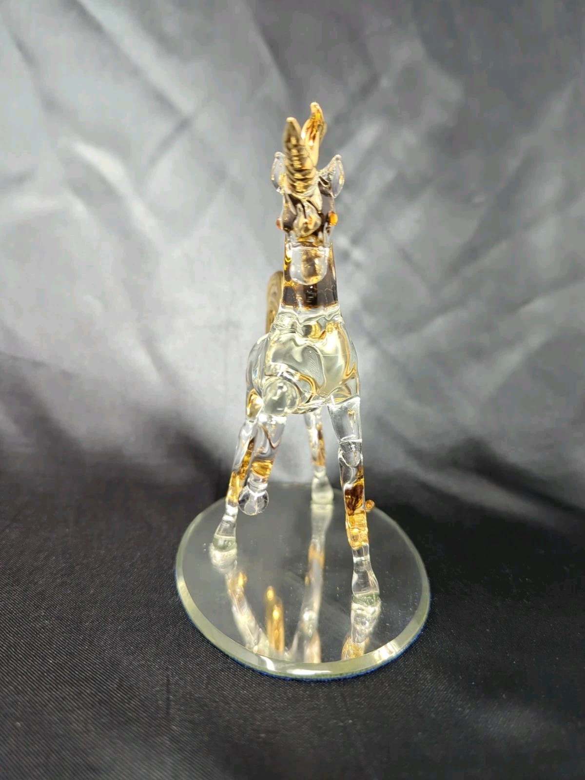 Clear Glass Unicorn Figurine + Mirror Base Gold Detail Mythical Fantasy Figure