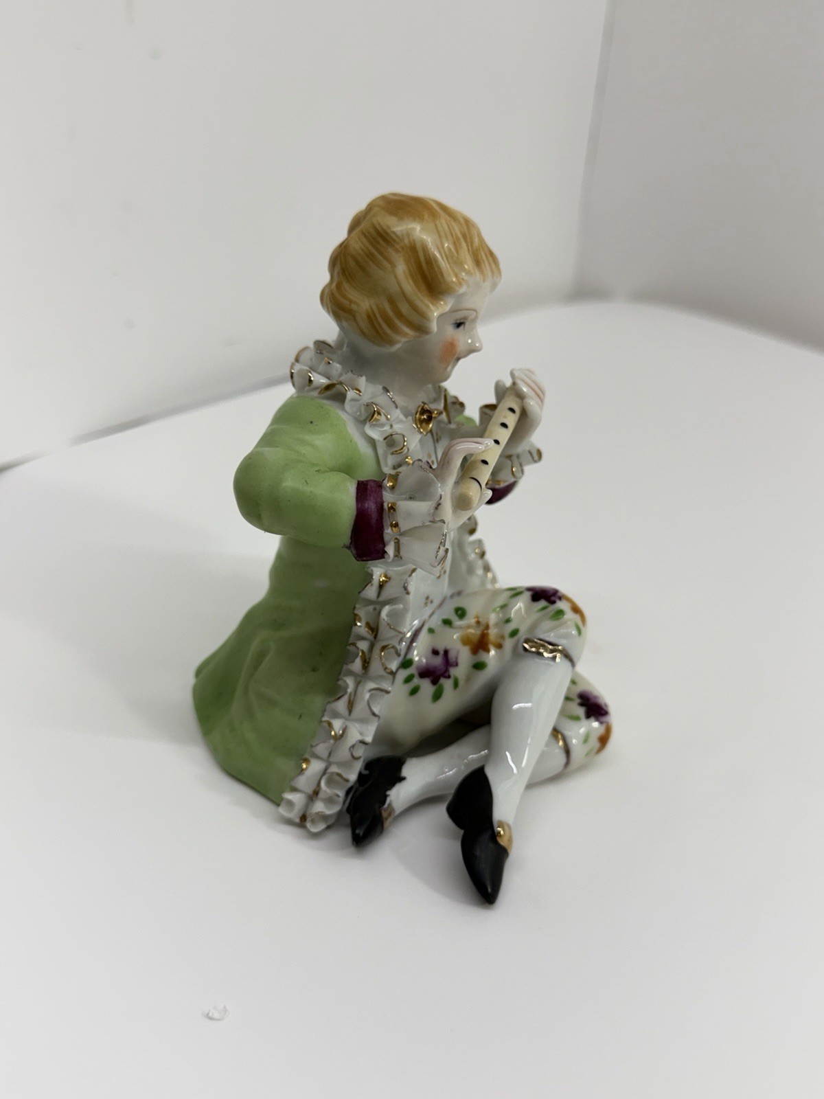 Vintage Made in Japan Porcelain Boy Playing Flute Figurine Green Coat 5” Gold T