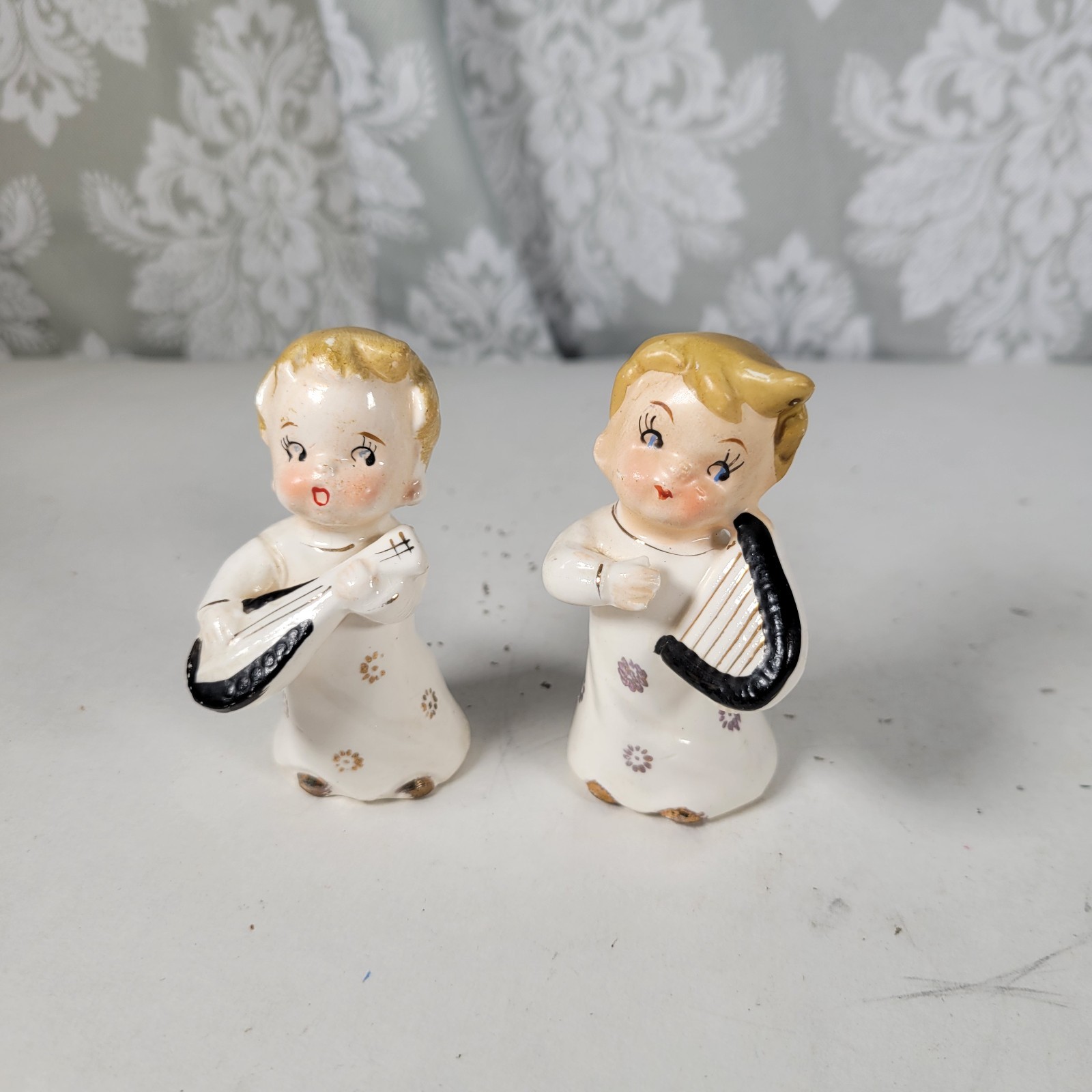 Two vintage musical boy angel figurines – gold gilded lute and harp made in Japa