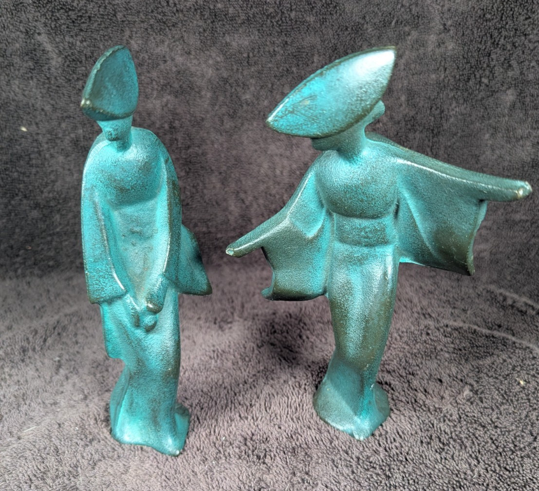 2 Green Cast Iron Geisha Girls Women Asian Figurines 7” MCM Vintage