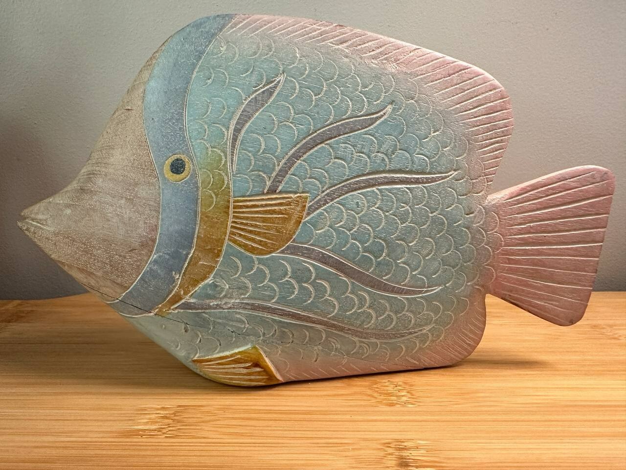 Vintage 1980s Teakwood Tropical Fish Sculpture Painted in Pastel