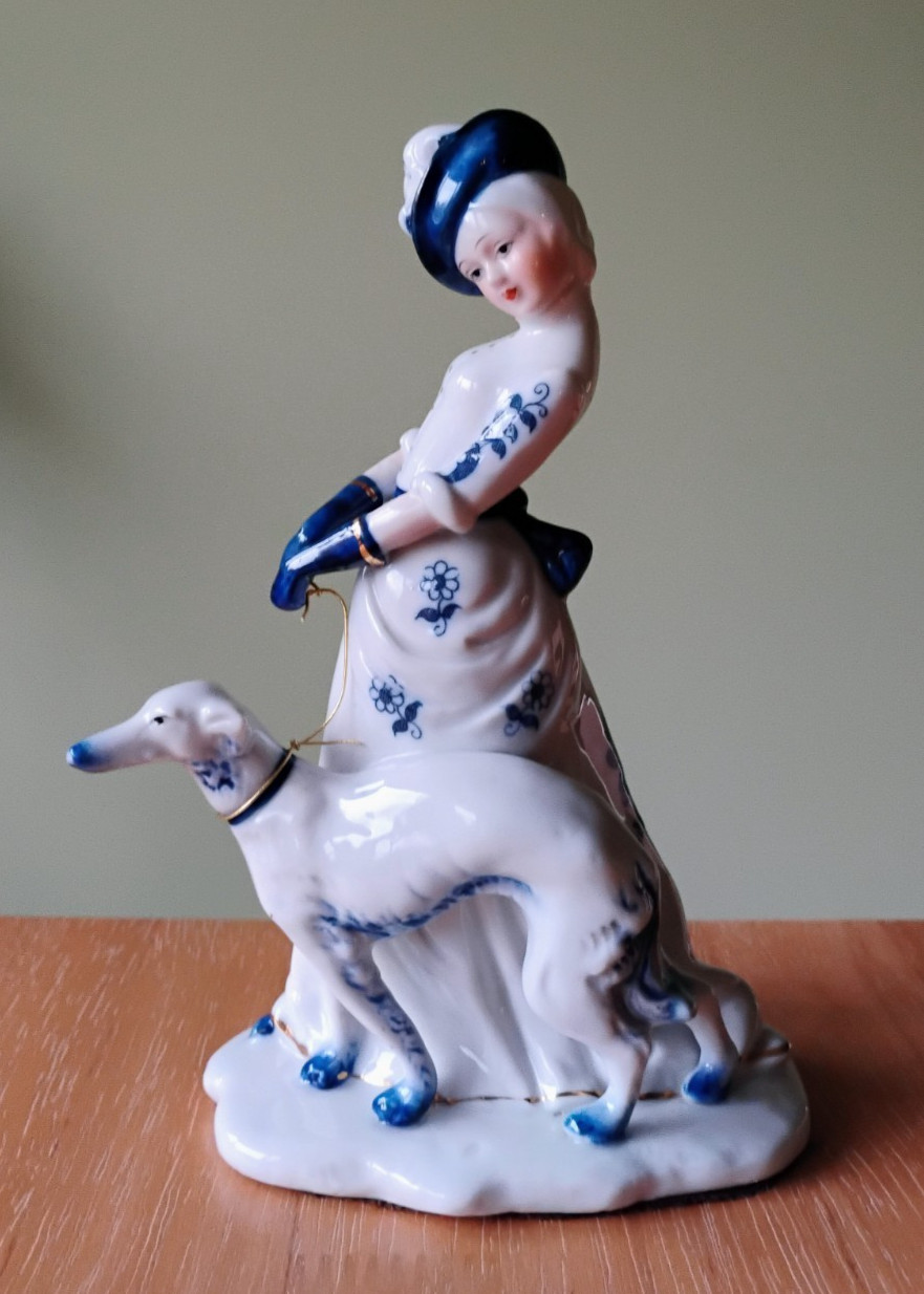Vintage Fine Porcelain Elegant Lady With Dog Figurine Blue flowers Gold Trim 8″