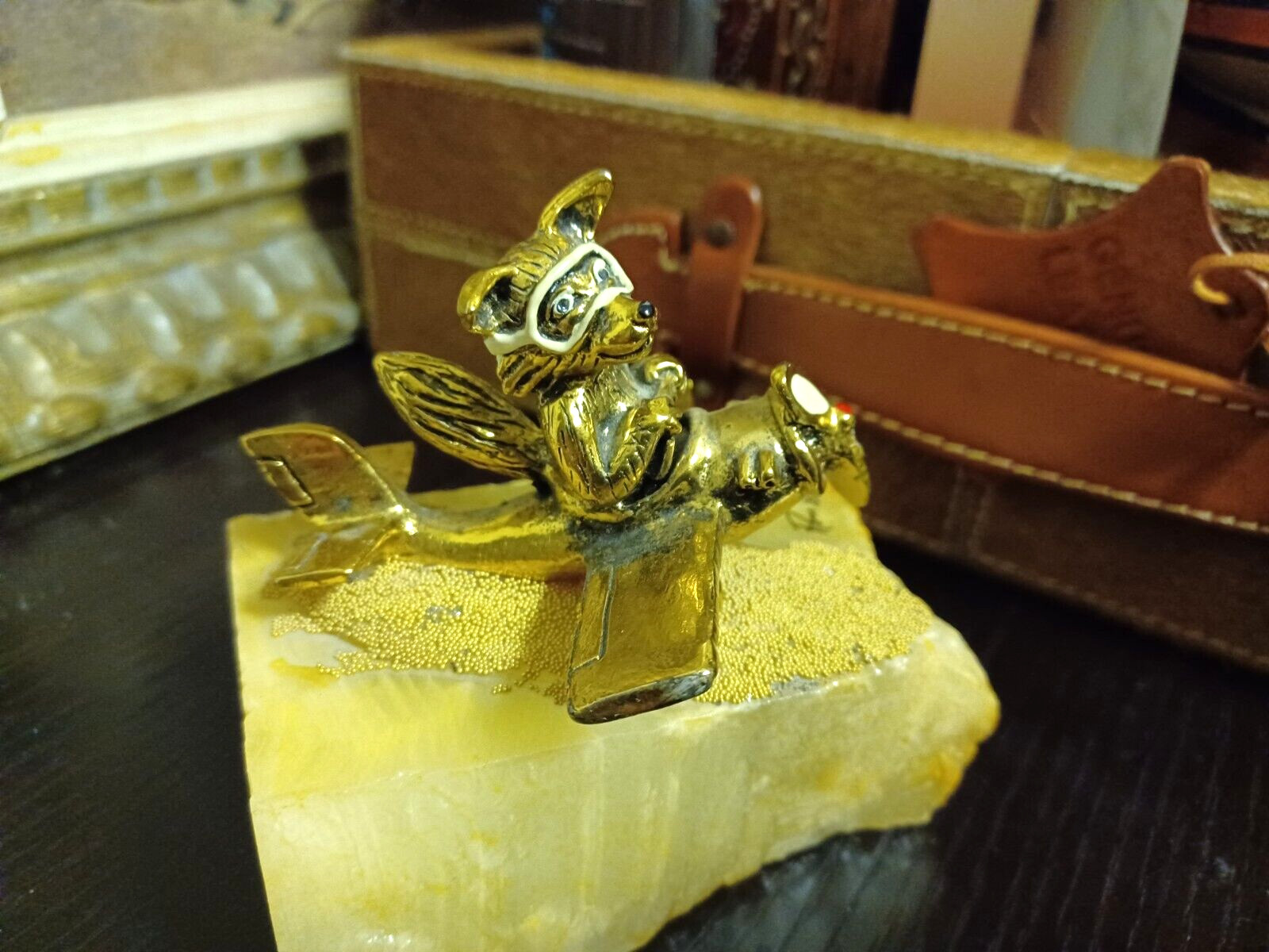 RARE Vtg Ron Lee Airplane Wolf coyote 24k Gold Plated Brass Figurine onyx base