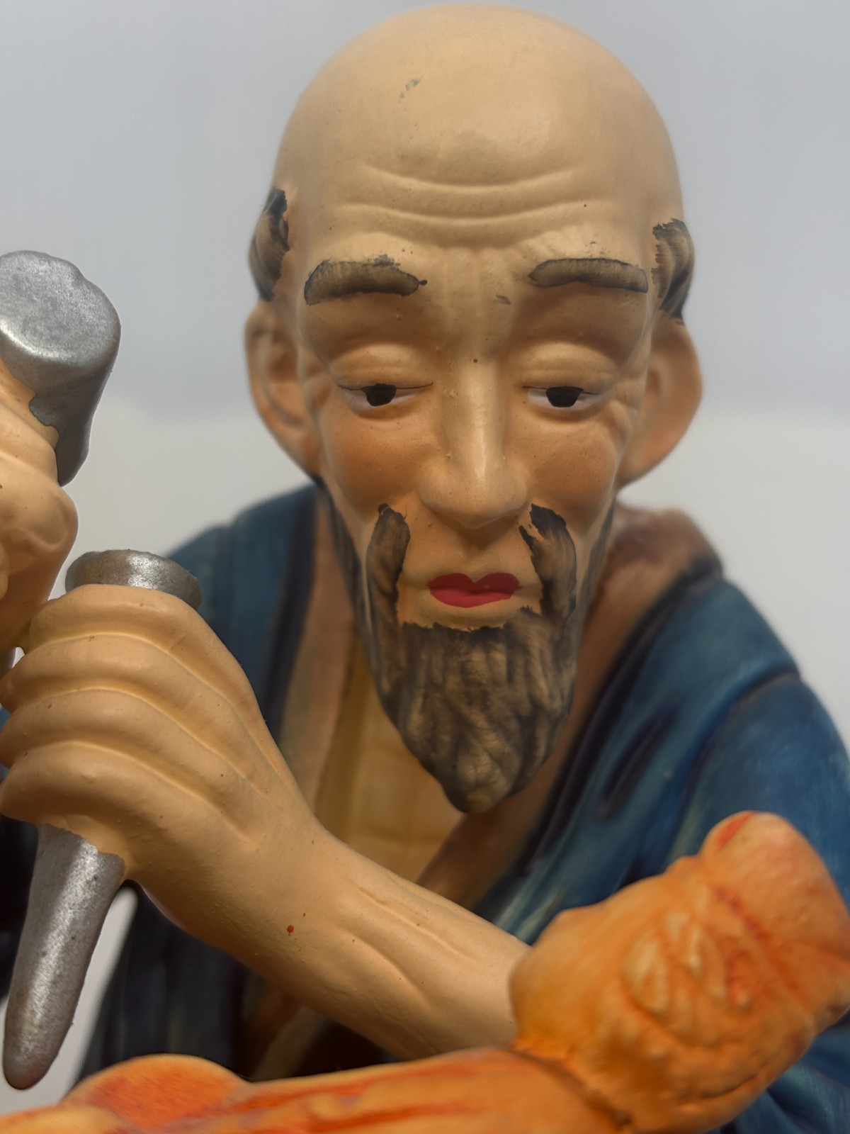 Ceramic Figurines Old Woman Making Basket and Old Man Carving Statue Portugal