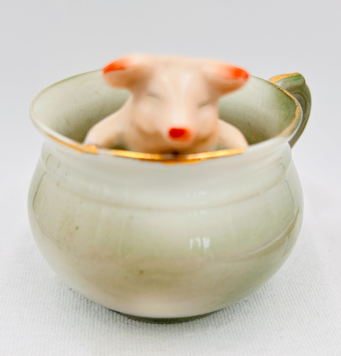 Antique Fairing German Porcelain Pink Pig In A Teacup Cup Figurine EUC
