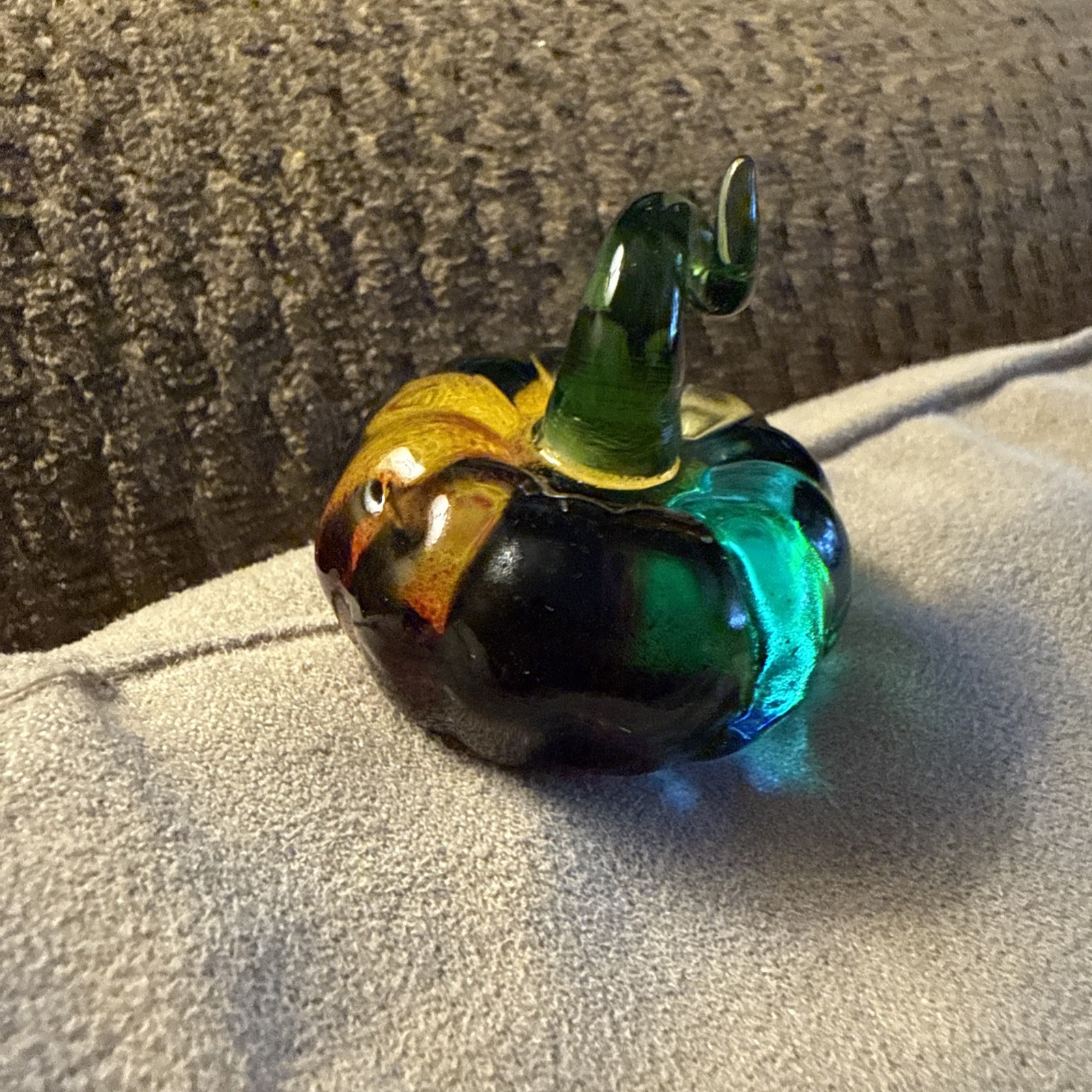 Handcrafted Glass Multi Colored Pumpkin With Green Stem Figurine