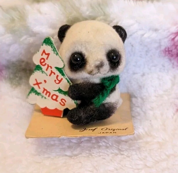 Josef’s Originals Flocked Panda Bear Christmas On Cardboard Marked Japan