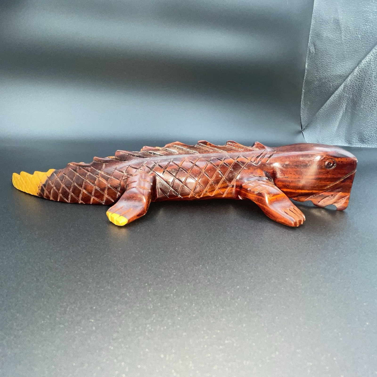 Artisan Hand-Carved Cocobolo Exotic Wood Lizard Figurine – 10” Iguana
