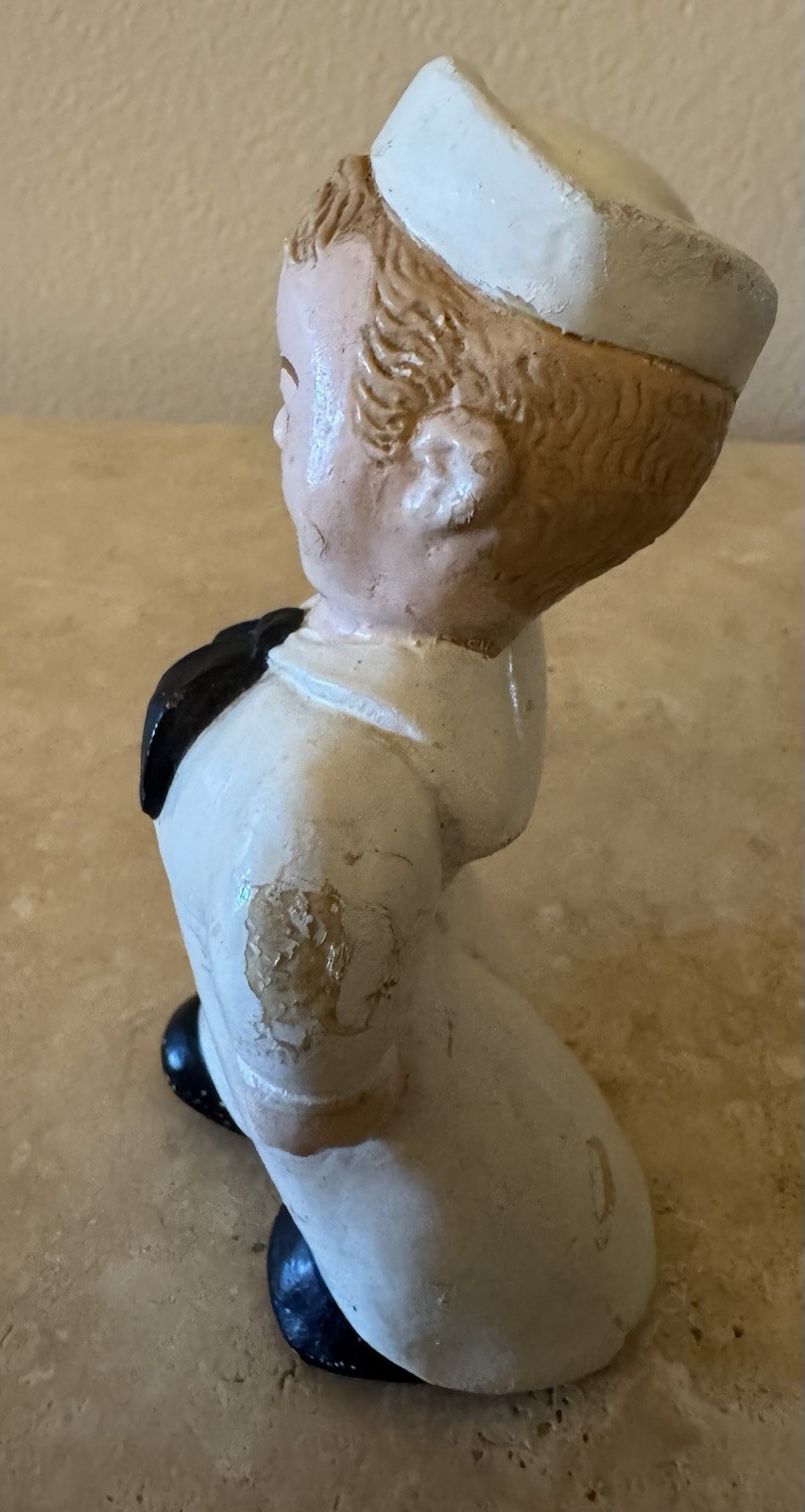 Rare WWII Era Hand Painted Details Chalkware Sailor Boy Figurine 6 inches tall.