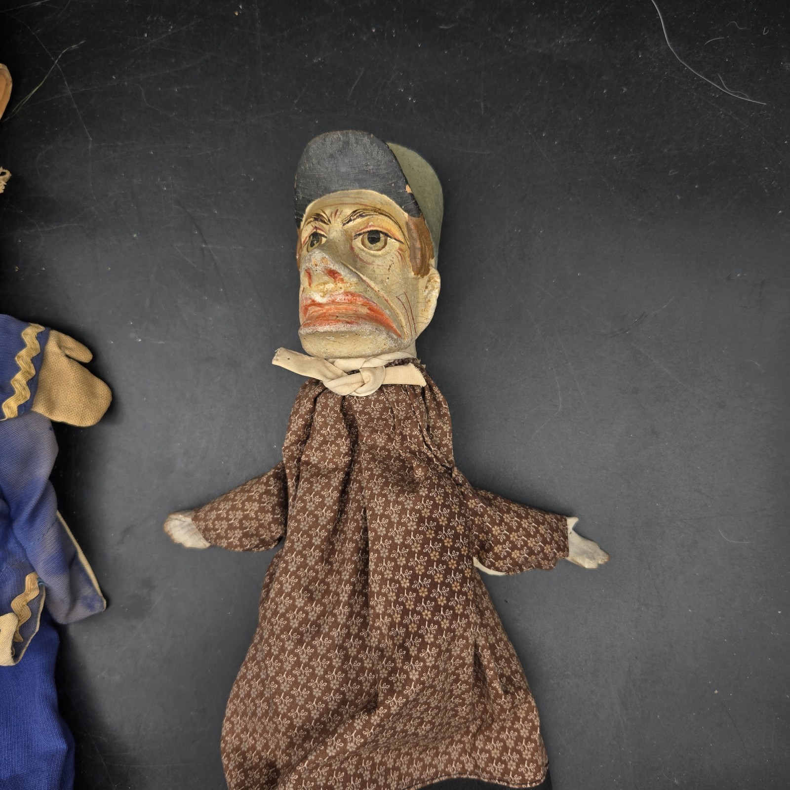 Vintage Hand Carved Wooden Head Hand Puppets Lot of 2 Clown & Character Folk Art