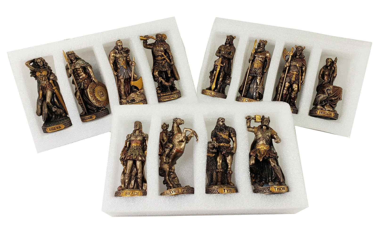 12 Pc 3.5″ Norse Gods Mythology Figurine Set Odin Thor Loki Freya Bronze Color
