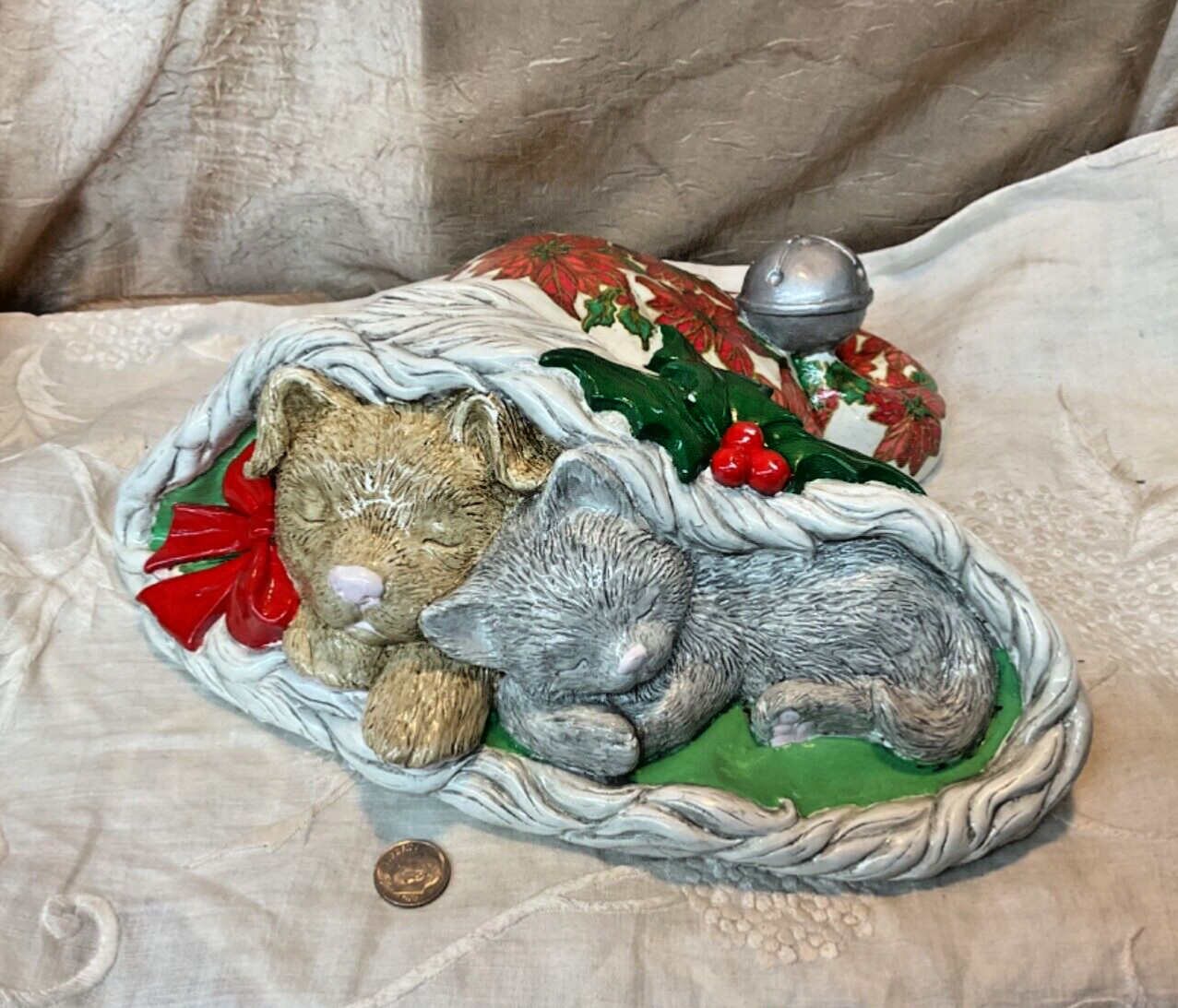 Adorable Vintage Chalkware Kitty Puppy in Christmas Stocking Decor or Door Stop