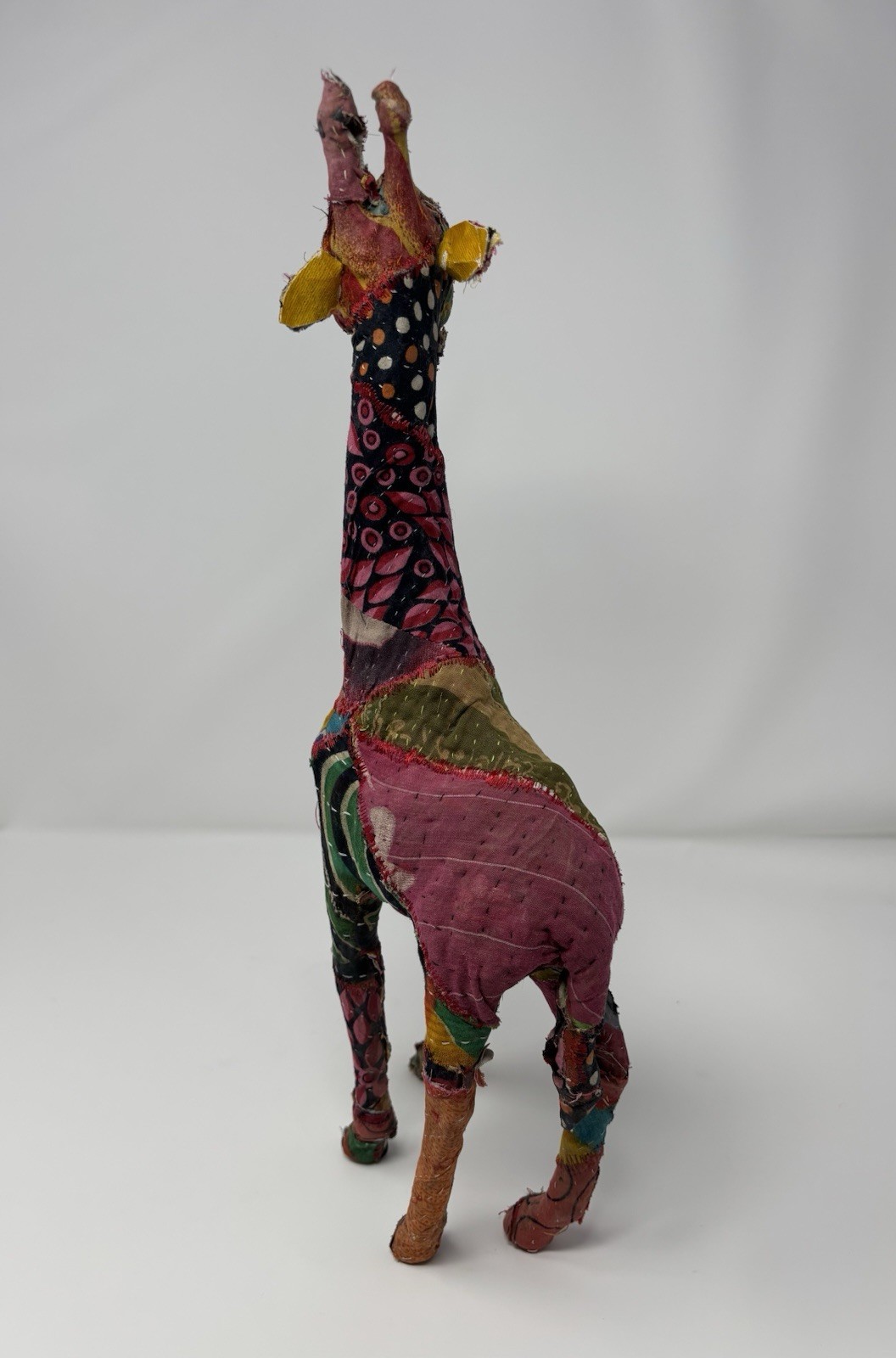 Vintage Giraffe Statue Patchwork Sari Fabric Mache Sculpture 18″ Decor