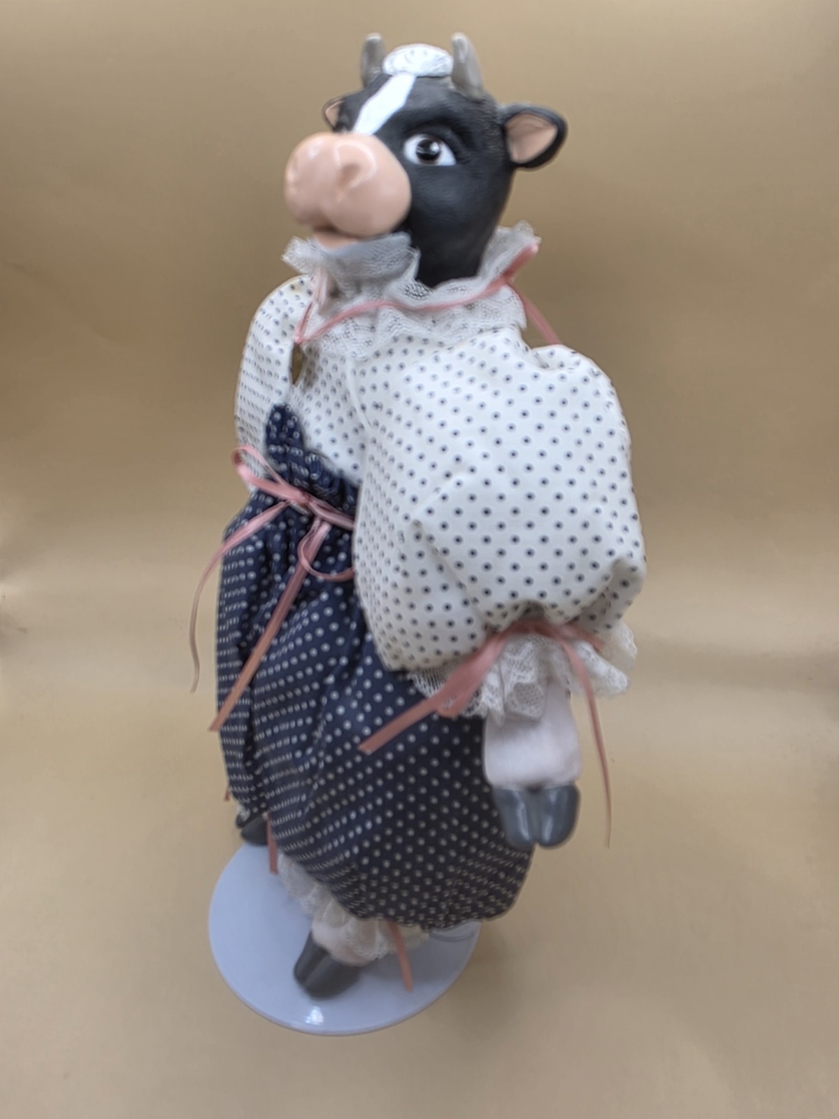 Vintage 1991 Wang’s International Country Farmhouse Ceramic Cow Doll with Stand