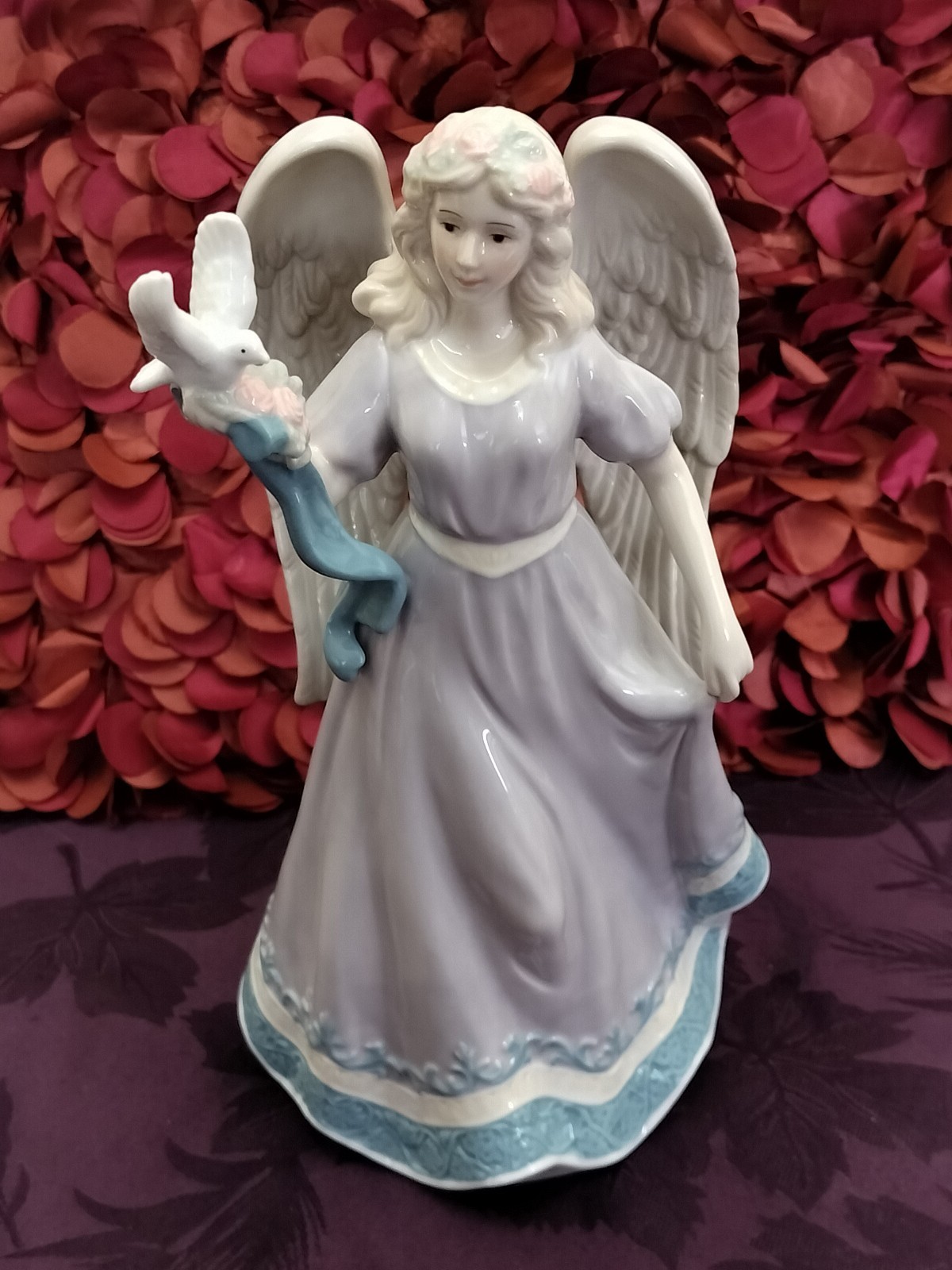 Angel W/ White Dove In Beautiful Lavender Dress. Porcelain 9-3/4 Inches Tall
