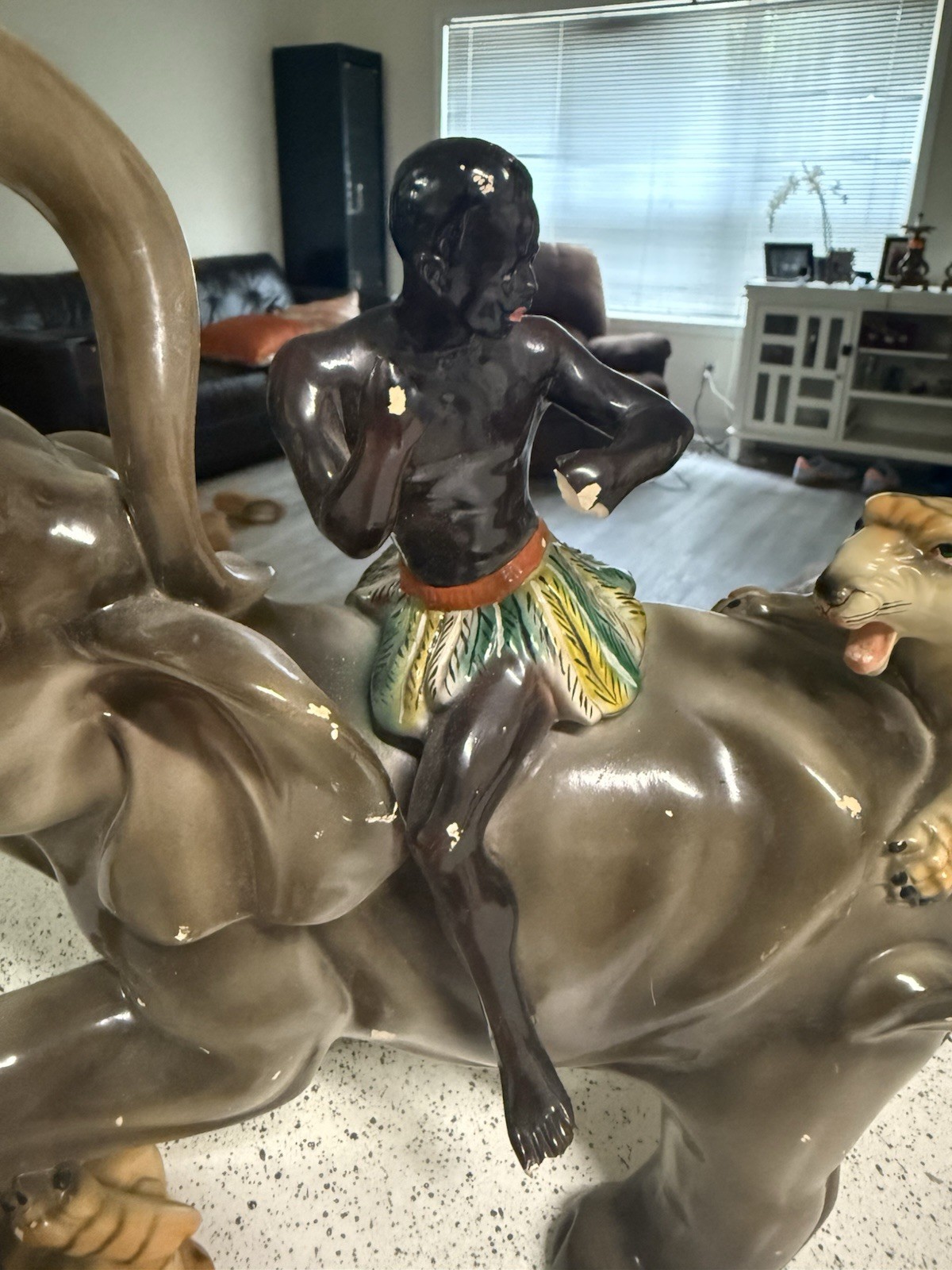 Vintage Man on Elephant Fighting Tigers Large Ceramic Made in Portugal Rare Find