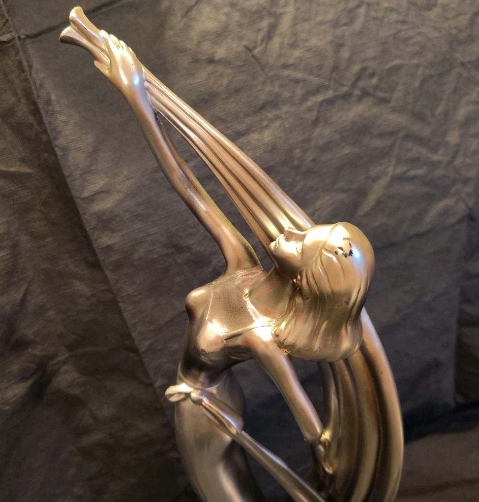 Dynamic 15.5″ Silver Tone Figurine Dancer With Ribbon Art Deco Style Sculpture