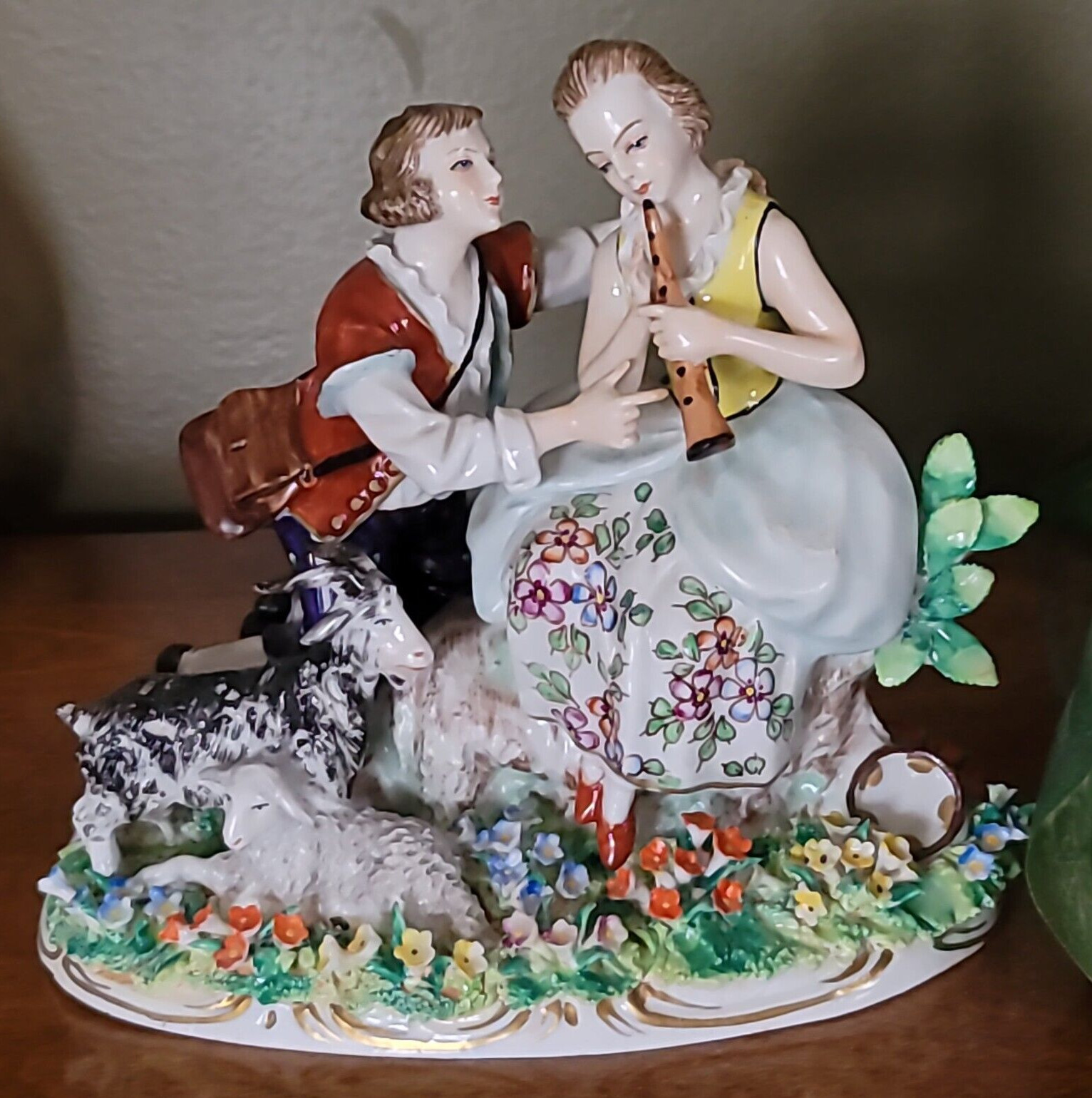 FINE SITZENDORF / DRESDEN FIGURE – COUPLE PLAYING FLUTE & goats – EXCELLENT