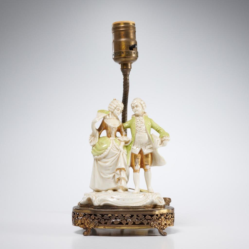 German Porcelain Green Gold 18th C Style Courting Couple Figurine Boudoir Lamp