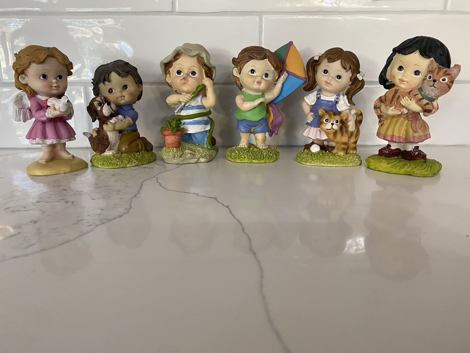 6 Lot Tender Times Figurines Girls And Boys With Animals 4.5″ Resin Felt Bottom
