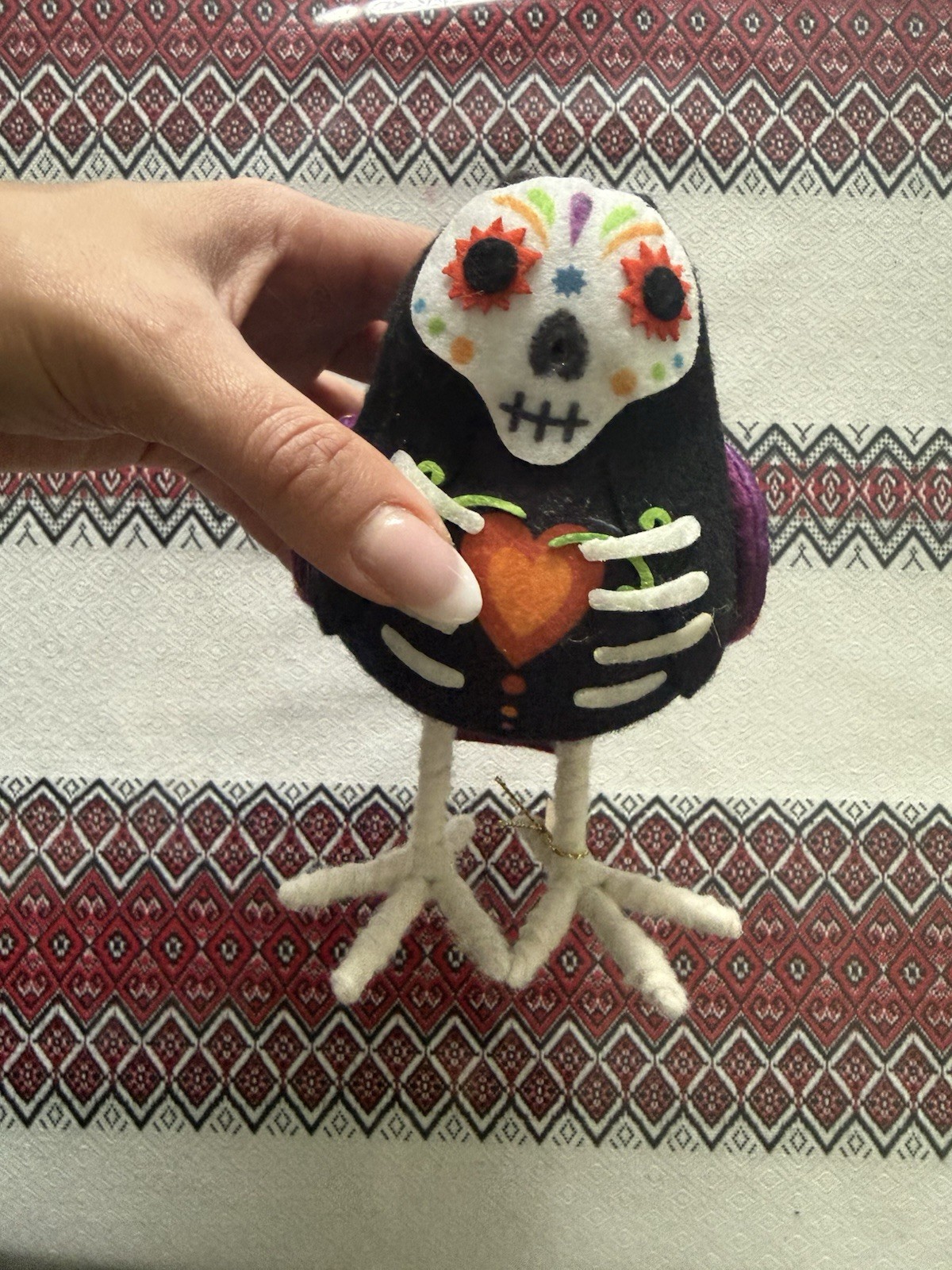 Day of the Dead Sugar Skull Felt Bird Halloween Folk Art Ornament Decor