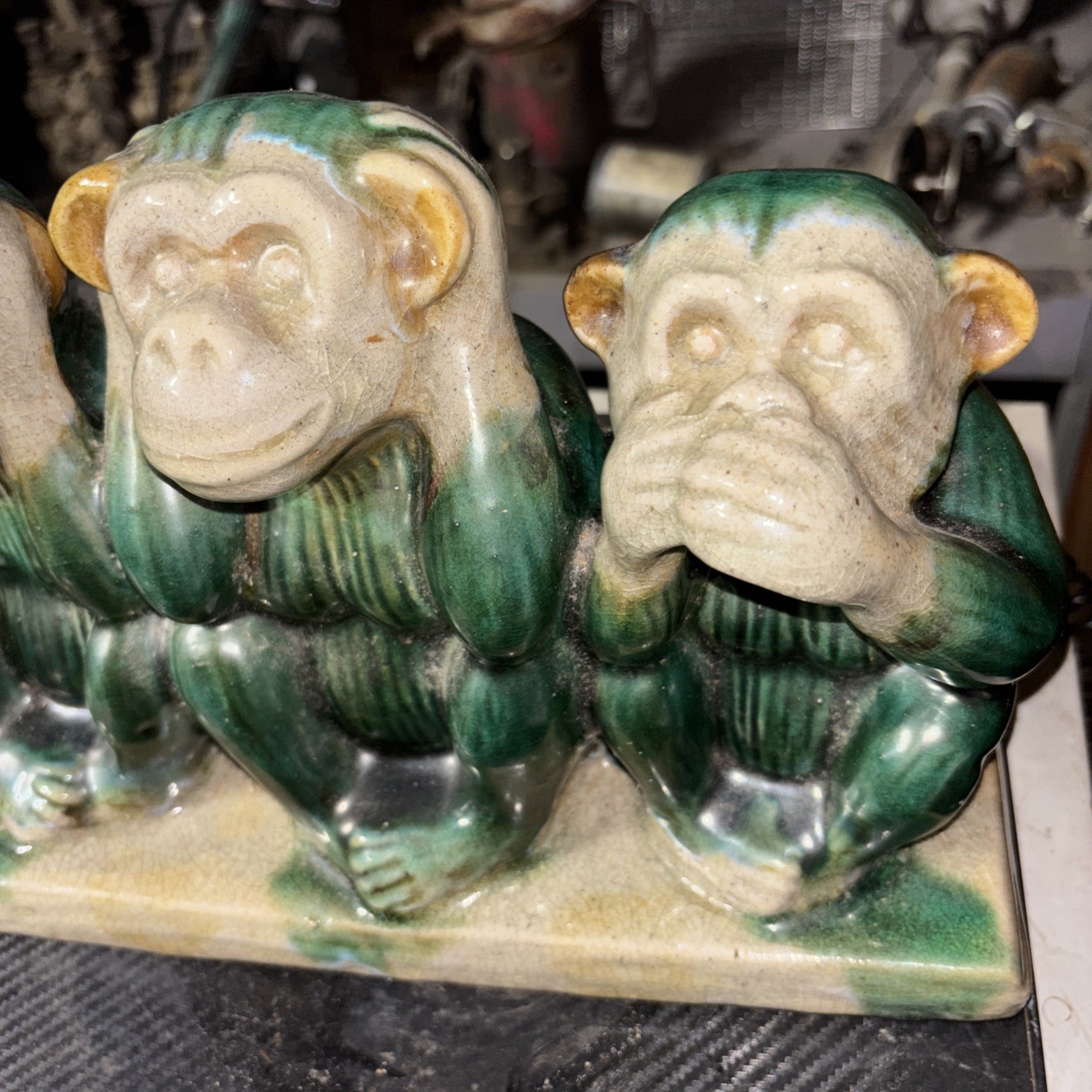 Vintage 1960s Majestic 3Monkeys Figurine Signed AK 14 Emerald Drip GlazePRISTINE