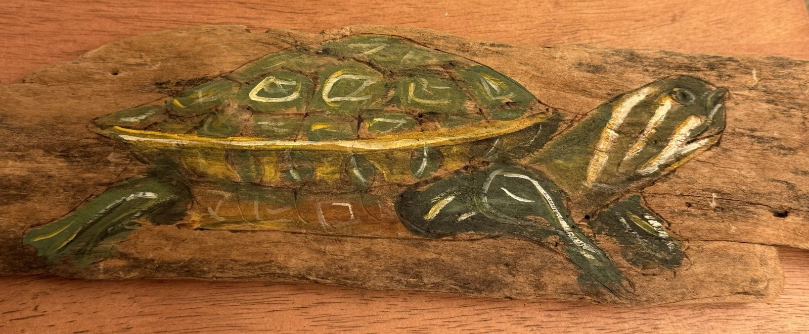 Vintage Hand Painted Turtle On Driftwood 19×4 Signed Susan Hall 1995 Wall Art