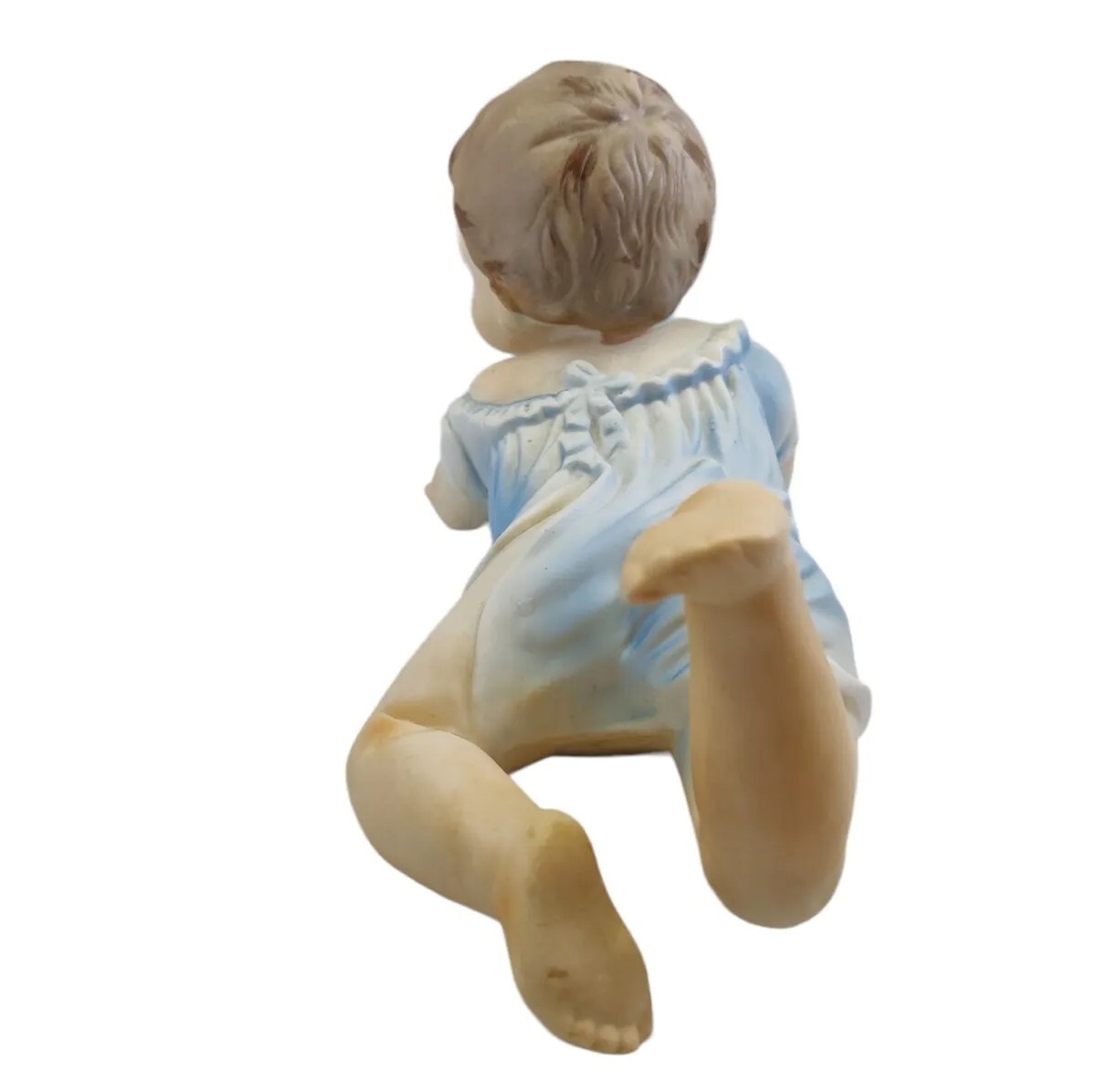 Vintage German Bisque Piano Baby Boy Blue Eyes and Clothes Crawling