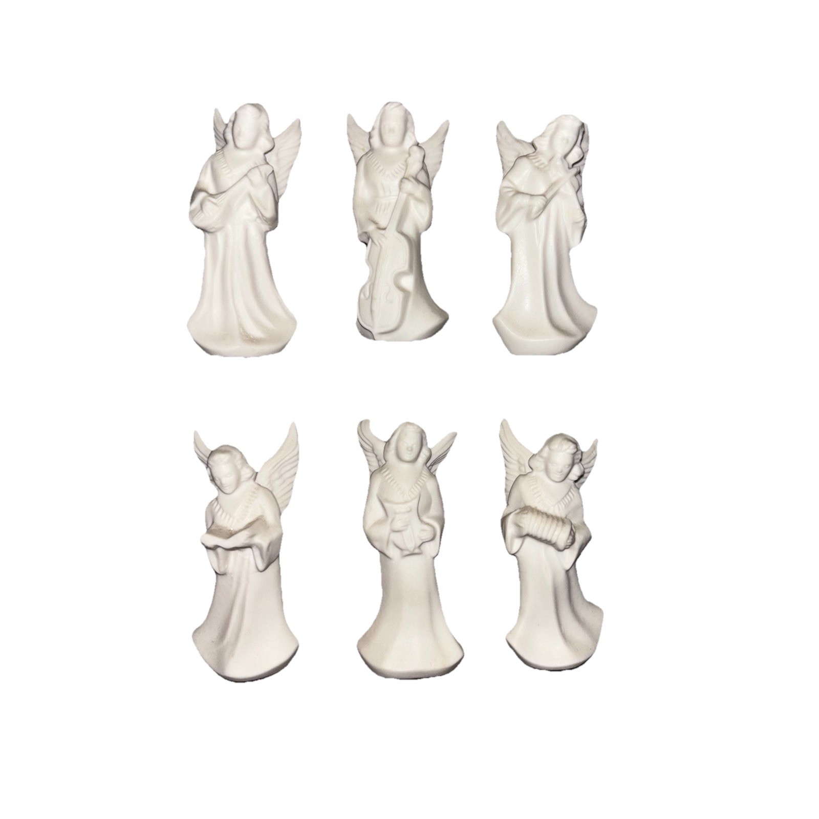 Musical Angel Small Figurines, Flat White Ceramic, Set Of (6) Freestanding