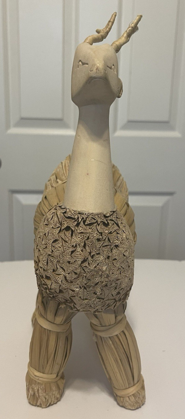 Unique Vintage Folk Art Corn Husk Carved Deer Figurine