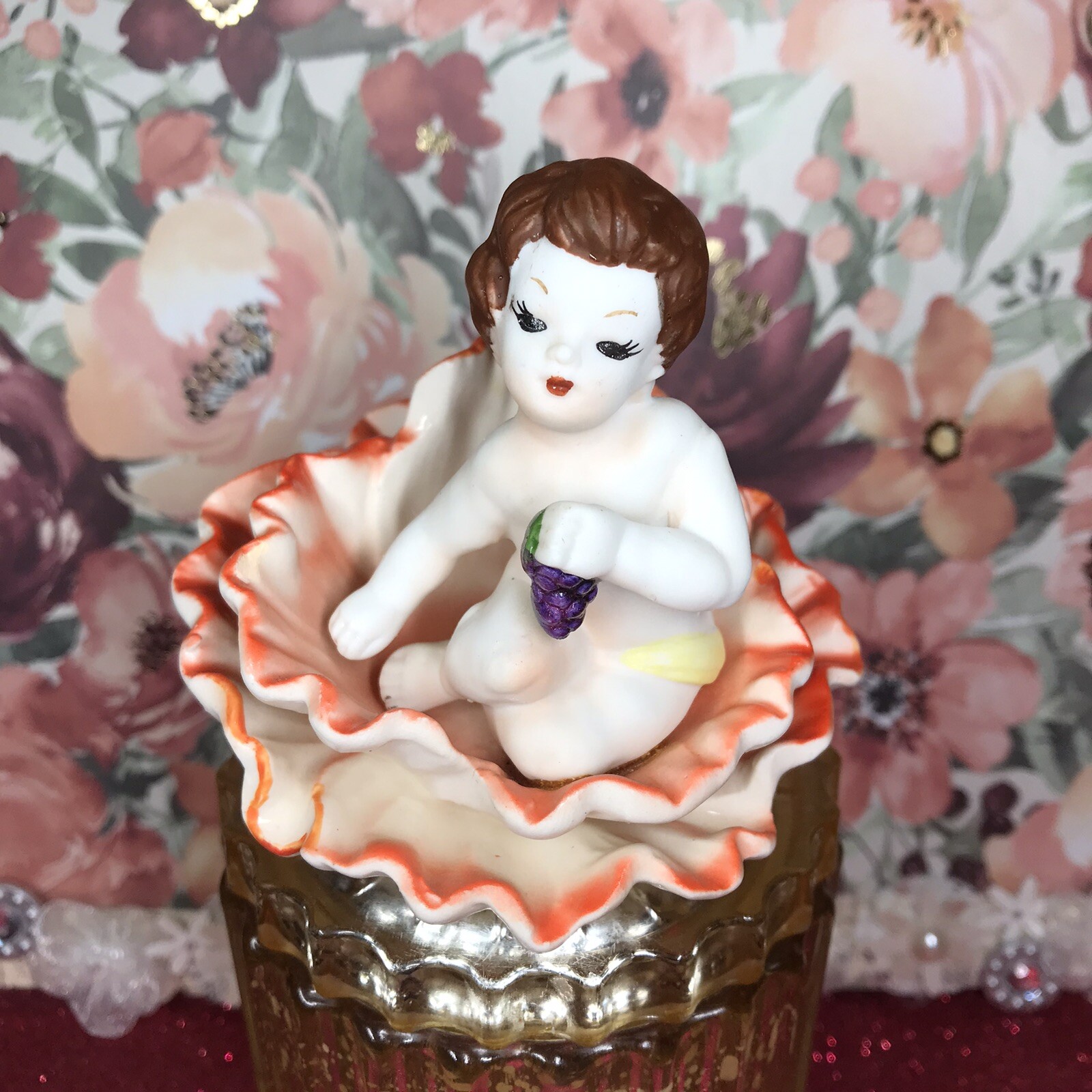 Vtg Norleans August Cherub Sitting In Orange Trim Flower Poppy Figurine Japan