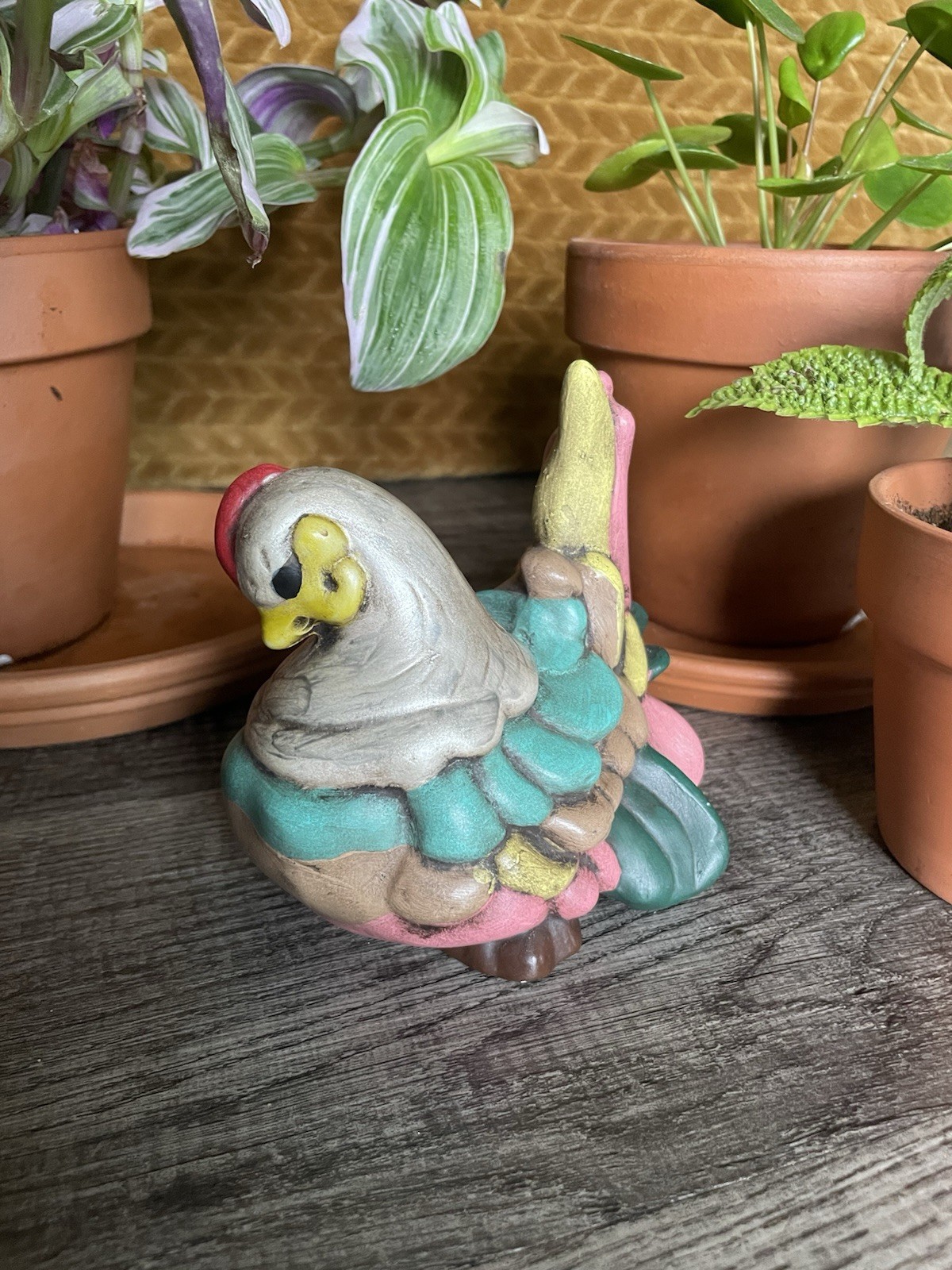 Signed D. Porter 1973 Hand Painted Ceramic Bird Figurine Folk Art Vintage Decor