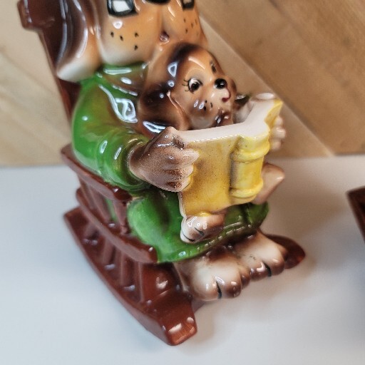Lefton Piggy Bank Anthropomorphic Dog /Cat + Puppy / Kitten In A Rocking Chair