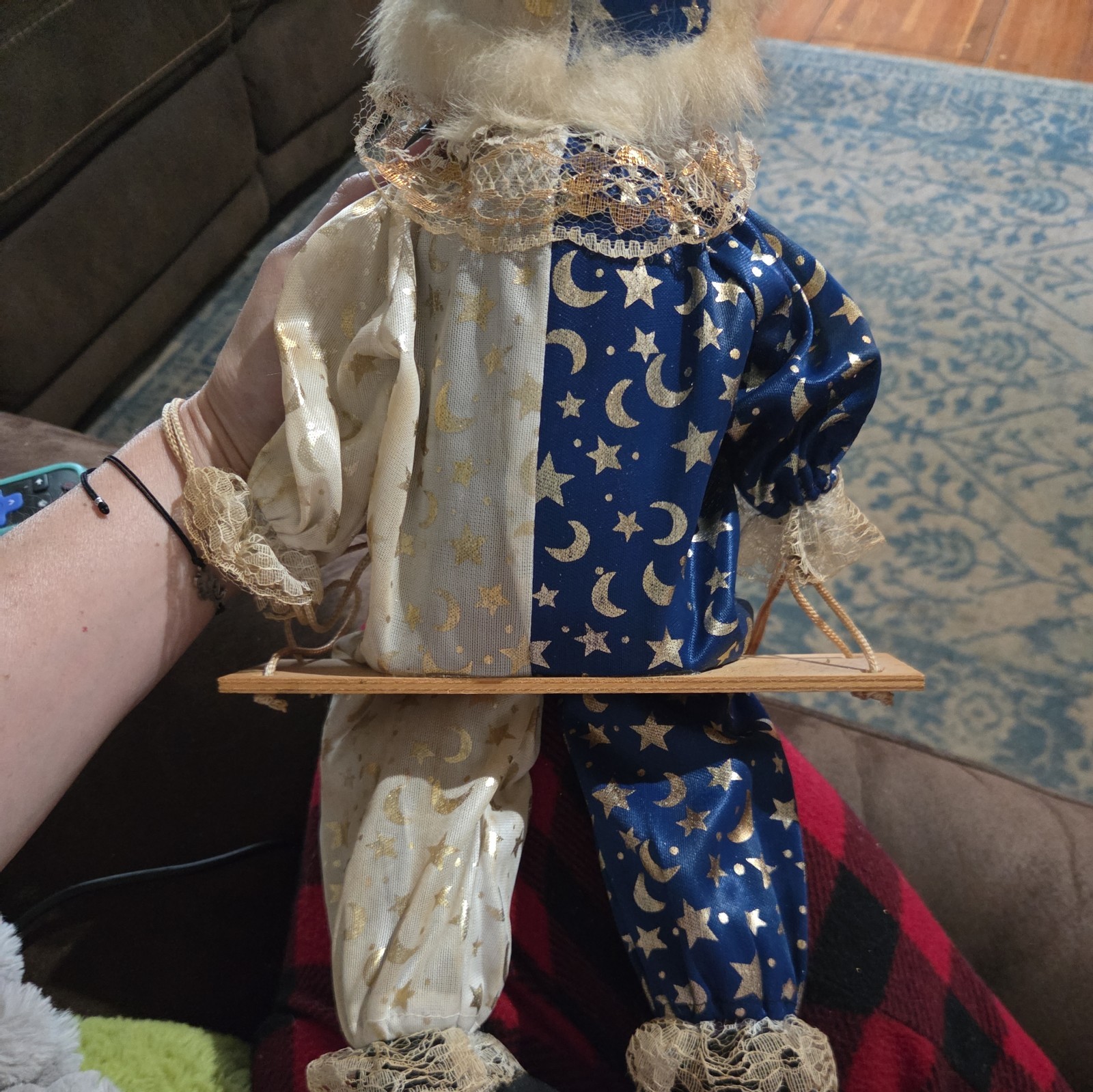 Vintage Marionette Porcelain Faced clown on swing celestial theme