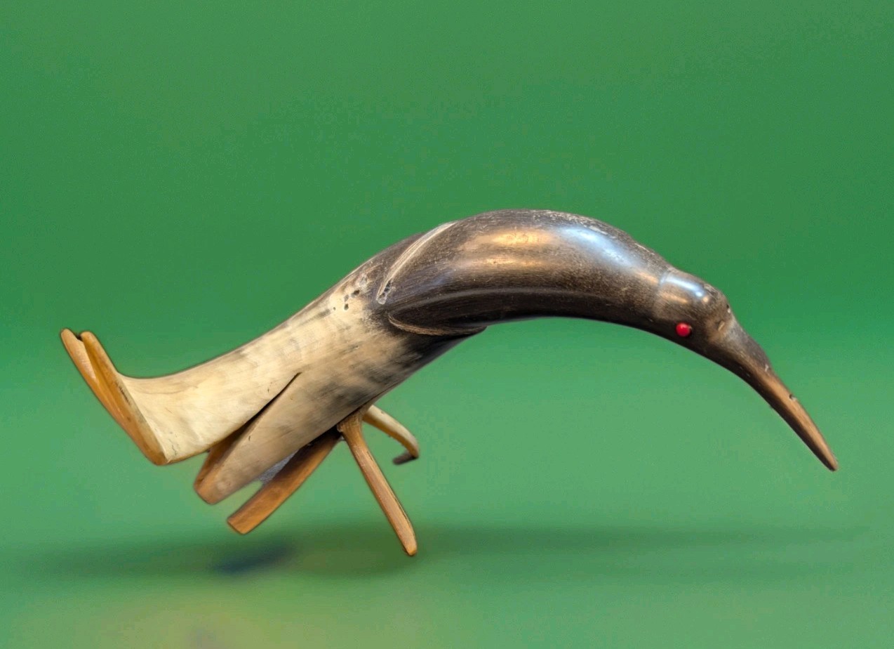 Folk Art Ox/Steer Horn Bird Mid Century Hand Carved Large 13.5in Horn