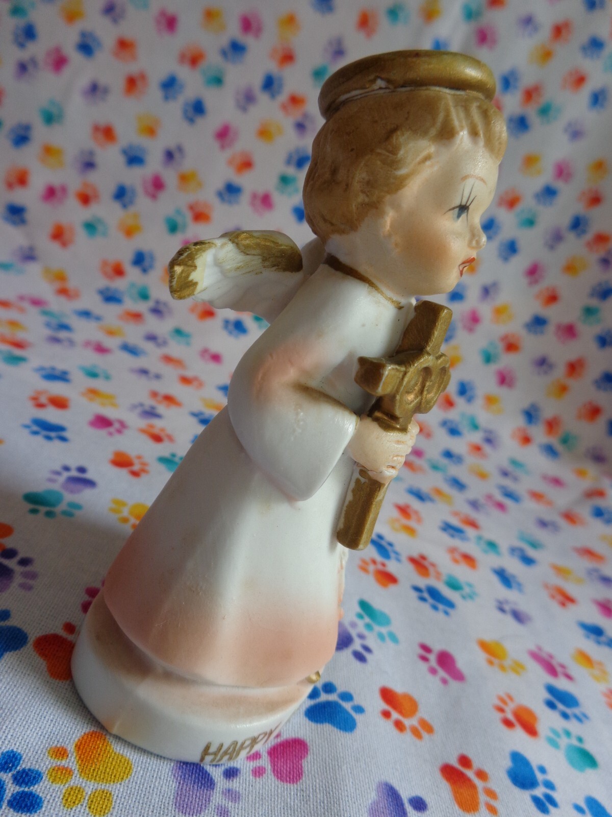 VTG Angel Figurine HAPPY ANNIVERSARY Sanmyro Japan Bisque Porcelain Retro READ
