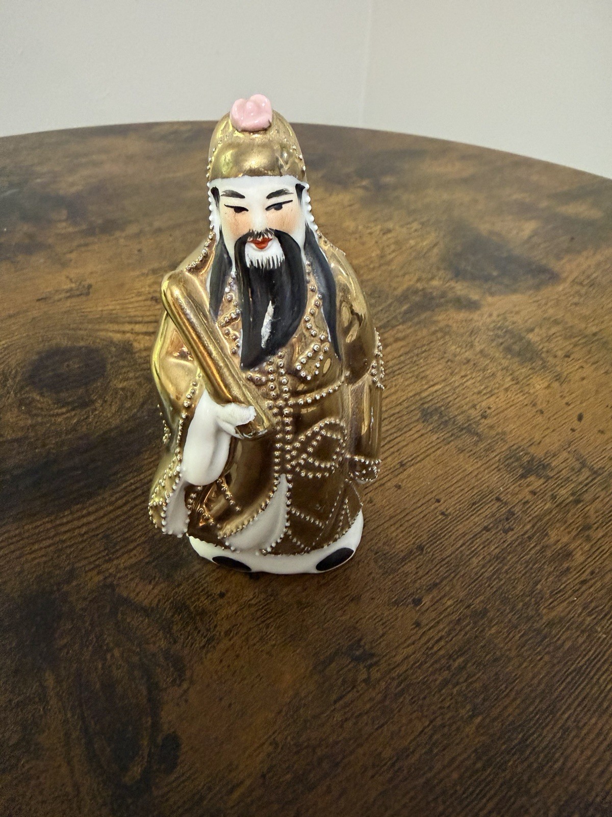 Vintage Porcelain 4 inch Asian Man Figurine Gold White Black Pink Glossy Finish
