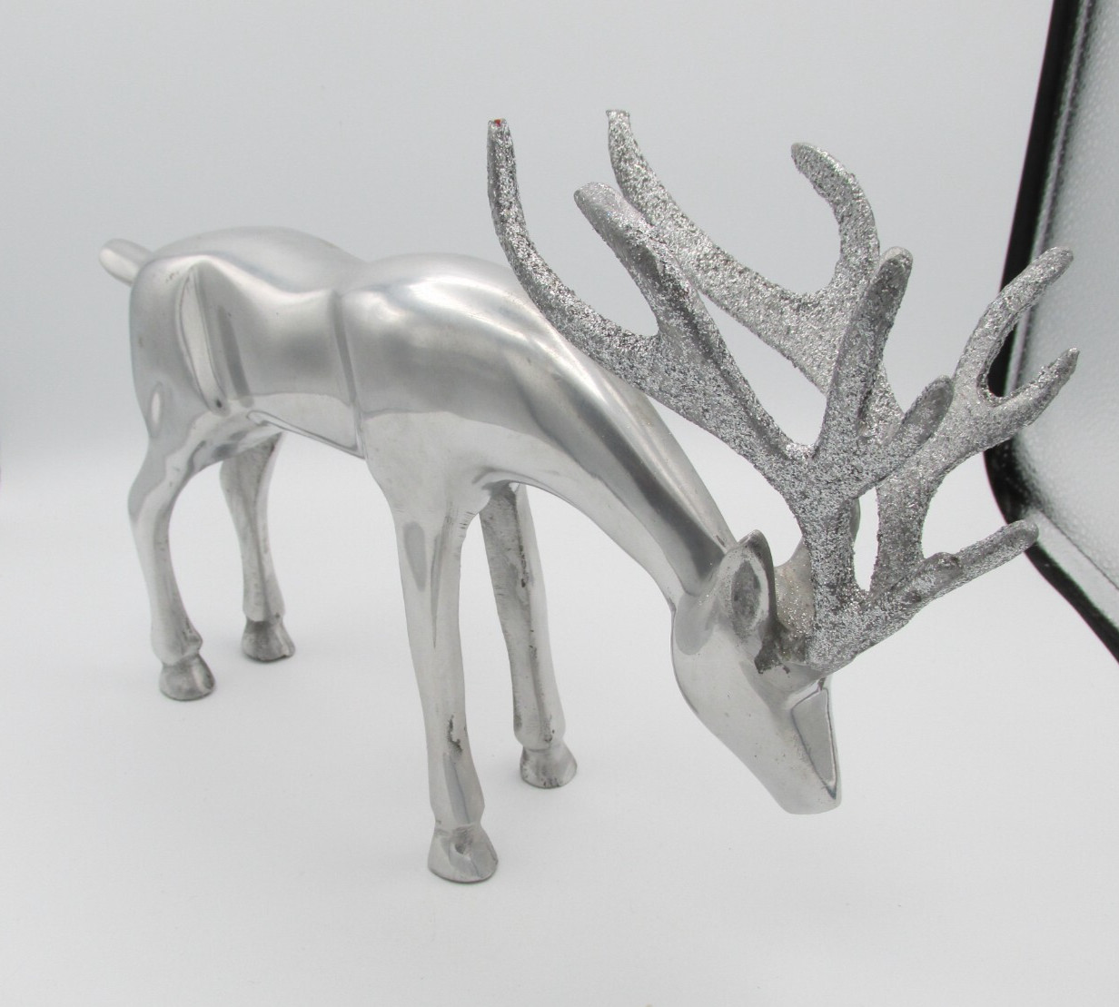 Silver Metal Reindeer Head Down Christmas Deer Figure 8 1/2 in Glitter