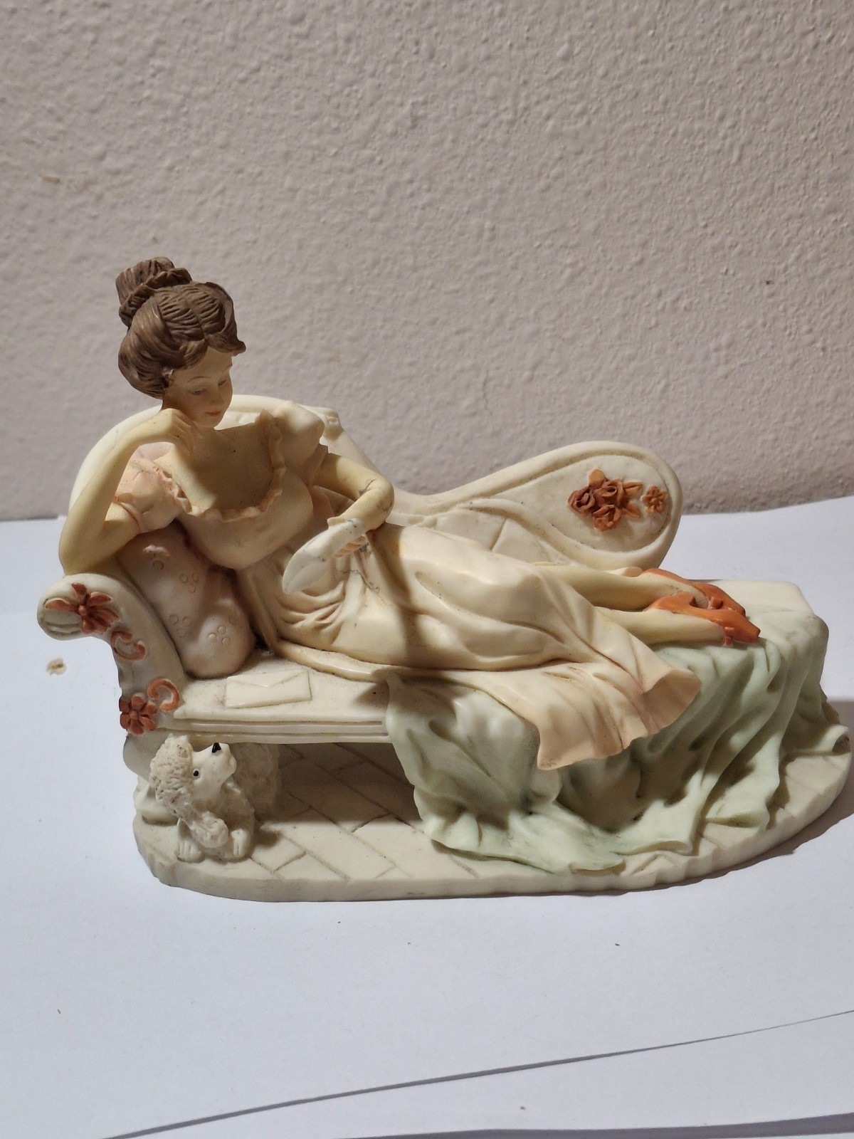 Vintage Resin La Verona Collection Lady Reading On Chaise Lounge With Dog. EUC