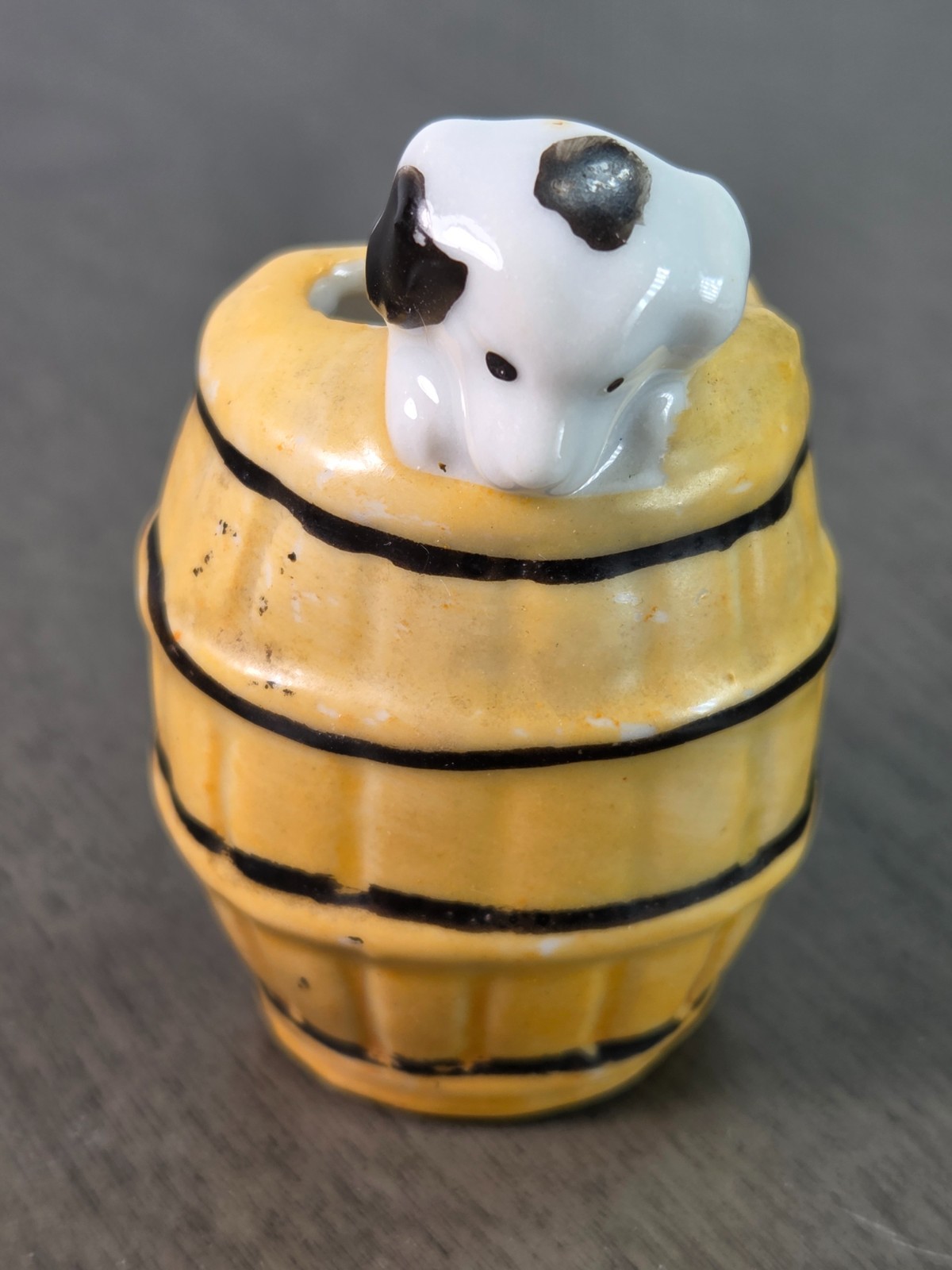 Puppy Black & White in Barrel Figurine Occupied Japan Approx 1.5 L X 2.5 H