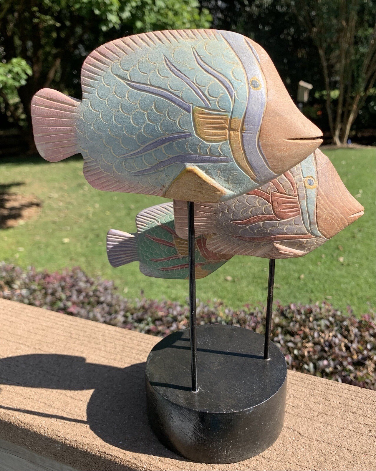 Vintage Handcarved 3 Pastel Wooden Fish Marine Figurine on Wood Base, Thailand
